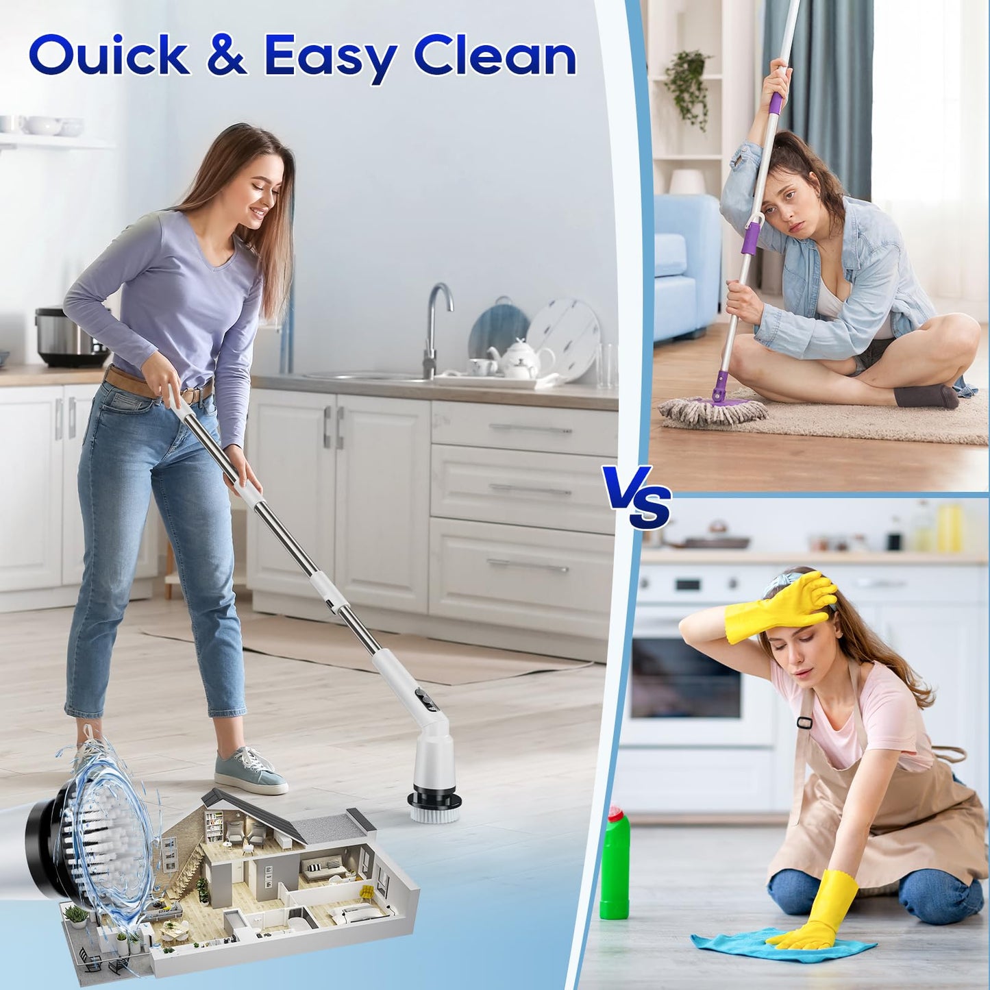 Kliburash Electric Spin Scrubber, 3 Speeds & Adjustable Long Handle Power Cordless Cleaning Brush, 8 Multifunctional Brush Heads with IPX7 Waterproof for Bathroom, Tub, Shower,Car Tiles