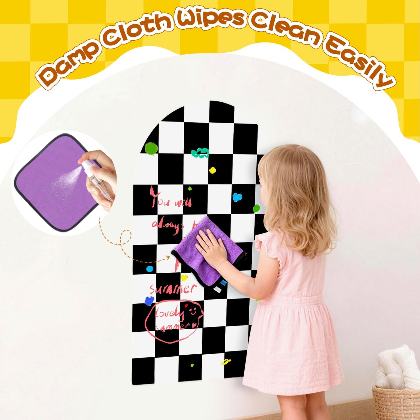 Magnetic Chalkboard for Wall, 24" x 40" Peel and Stick Arch Felt Magnetic Board, Chalkboard Wall Decal, Wall Safe Removable Reusable, Black & White Checkered Play Room Home Office Decor