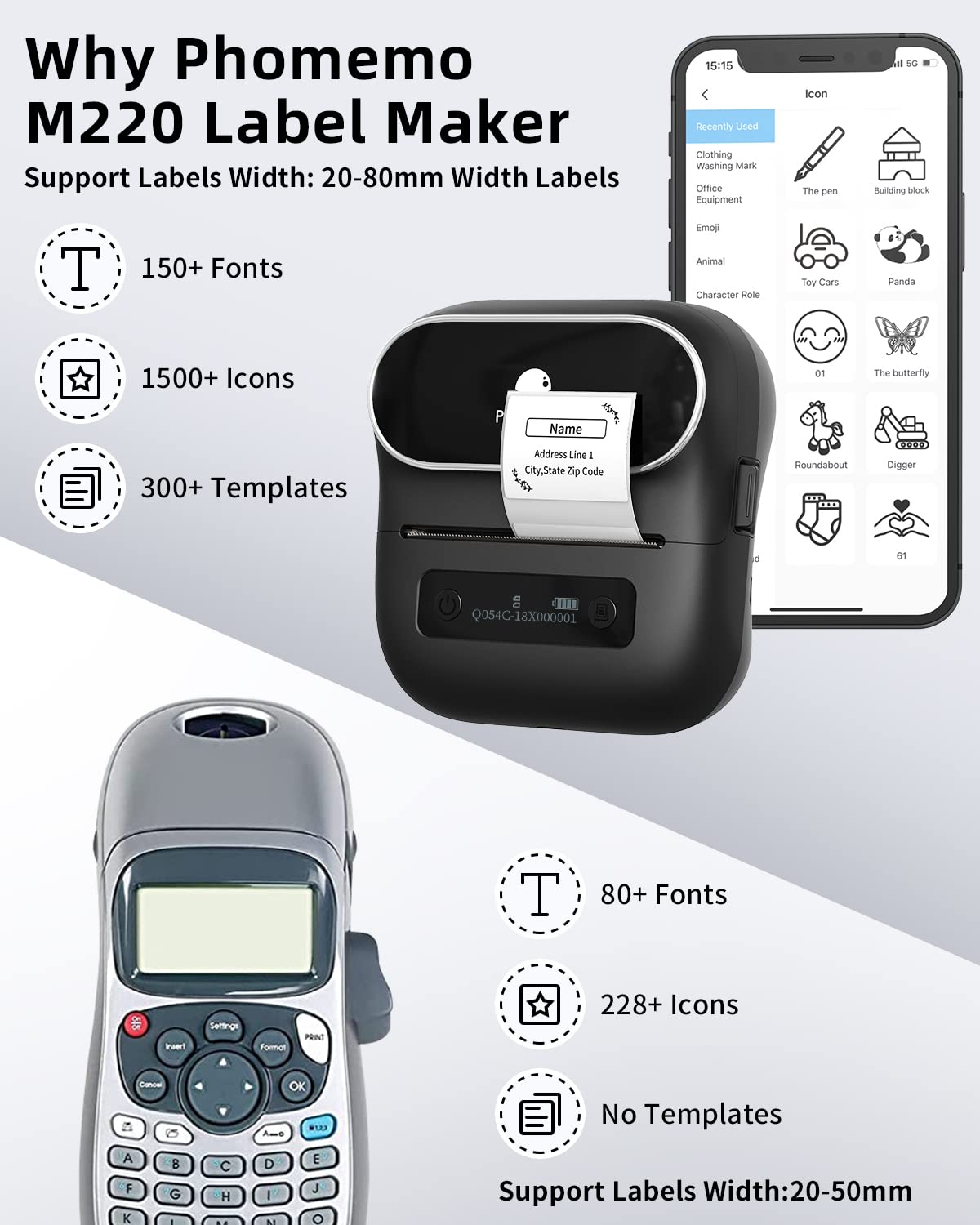 Phomemo M220 Bluetooth Label Maker for Christmas, Label Printer for Small Business, Label Maker Machine with Tape, Sticker Printer Compatible with Phone, Tablet & PC