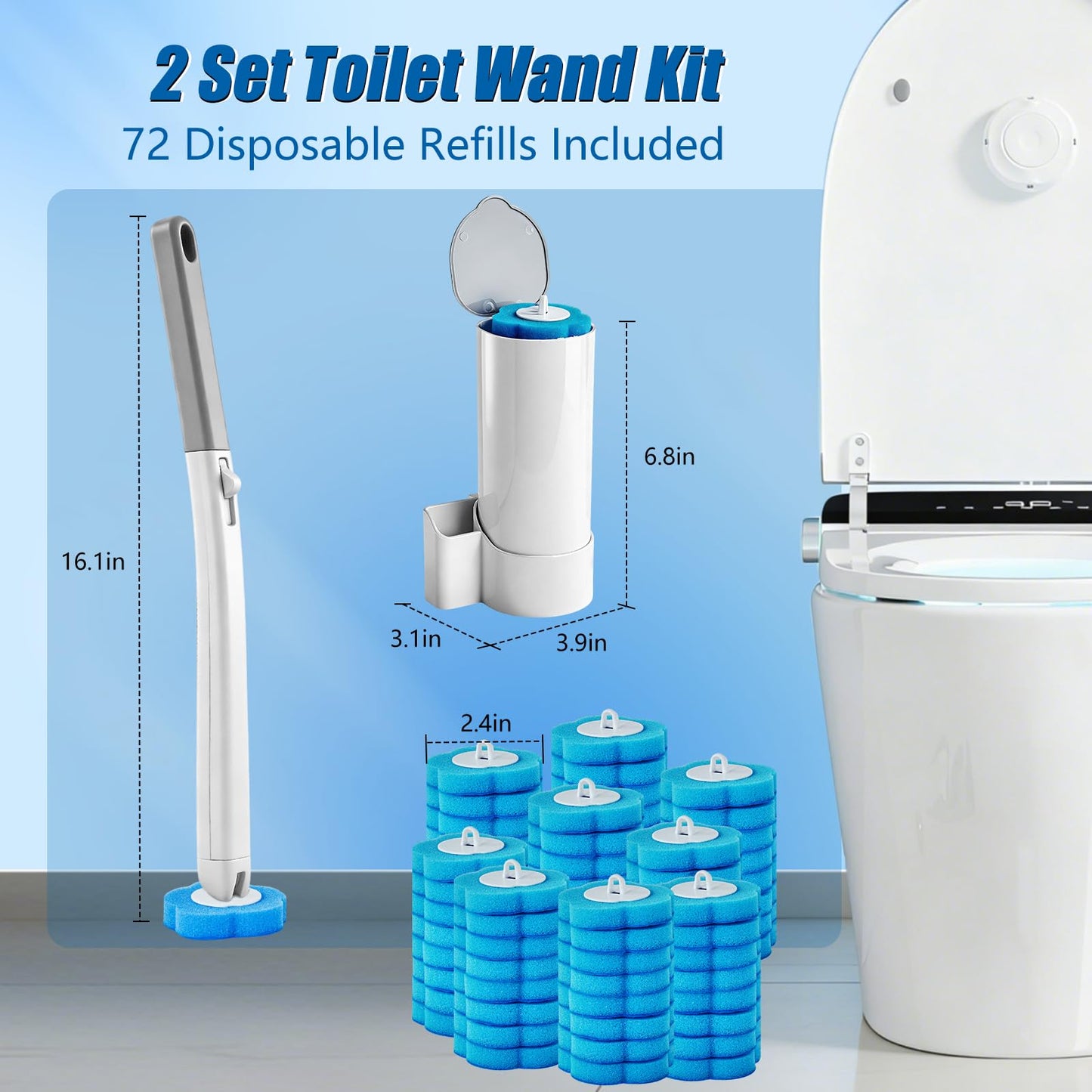 Disposable Toilet Brush with 2 Sets of Wands and 72 Toilet Brush Refills, Wall Mounted Toliet Stick Wand Starter Kit for Toilet Bowl Cleaners, Bathroom Cleaning, Bathtub