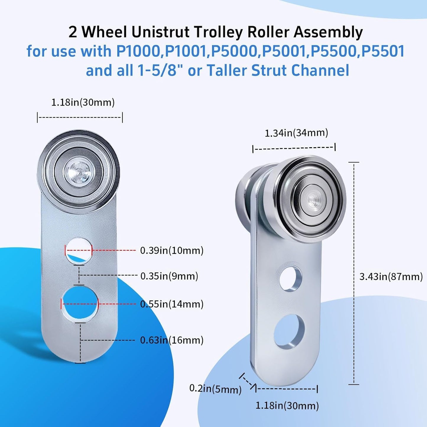 2 Wheel Unistrut Trolley Roller Assembly,Two Bearing Metal Rollers for 1-5/8" Wide & All 1-5/8" Taller Strut Channels or Garage Pulley Hoist Systems,Silent Trolley Wheels (10)