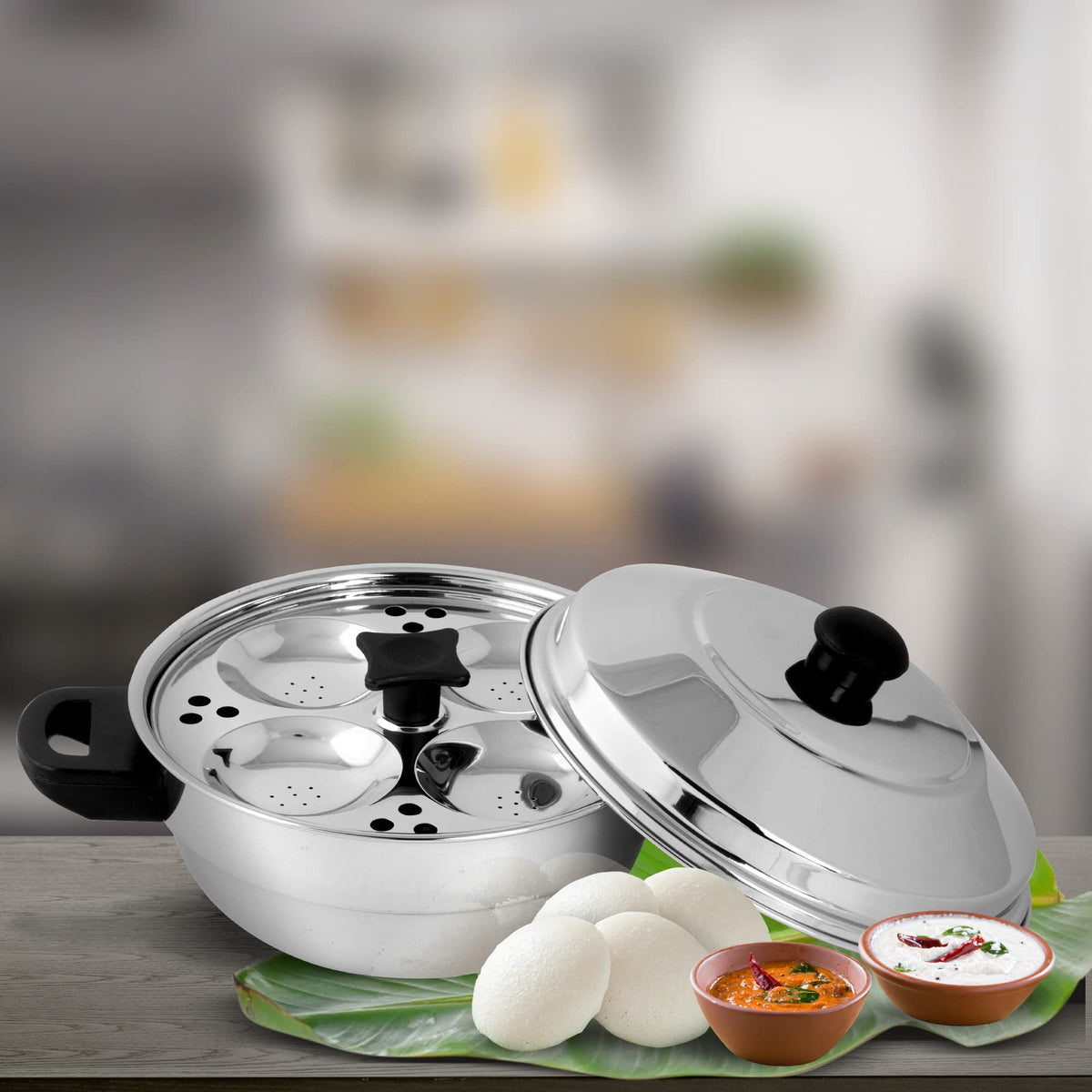 KSJONE Stainless Steel 4 pcs Multi Kadai (Induction Friendly) with Stainless Steel lid, 2 idli Plates (8 Idlis), 1 patra Plate, Silver