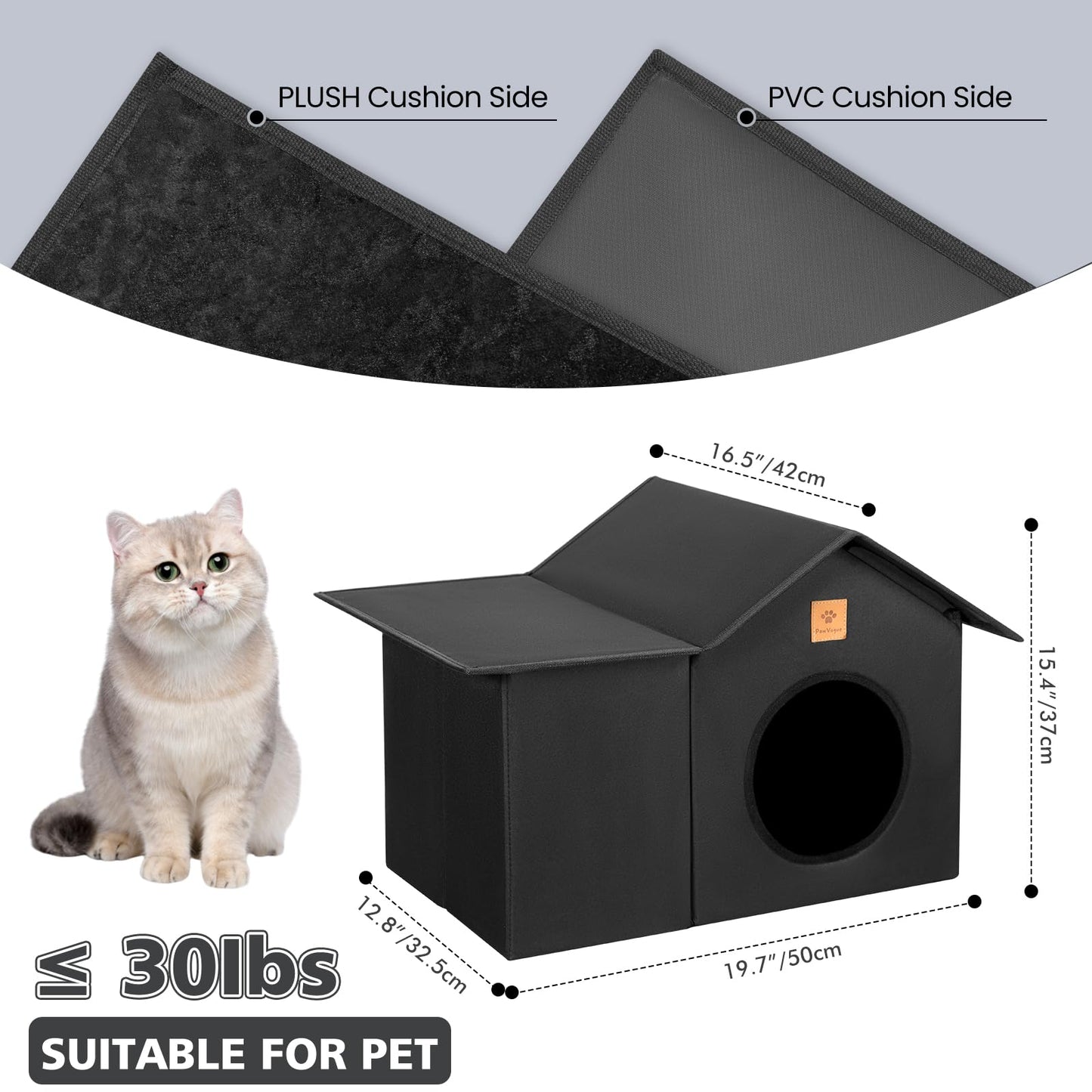 PawVogue Outdoor Cat House, Weatherproof & Insulated Cat Houses for Outdoor Cats with Waterproof Oxford Fabric and Density Board - Black