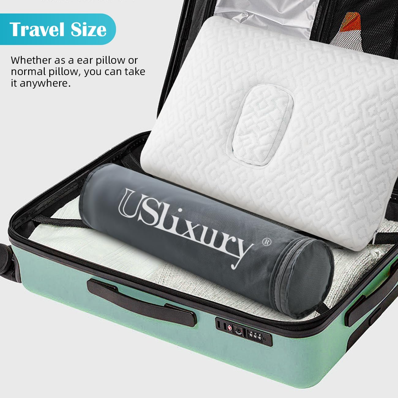 USlixury Ear Piercing Pillow with Foam Plug - Ear Pillow with Off Center and 4.7"X3.2" Hole, Soft CertiPUR-US Memory Foam, Cooling Piercing Pilow for Side Sleepers, Traveling, 16"X11"X4''