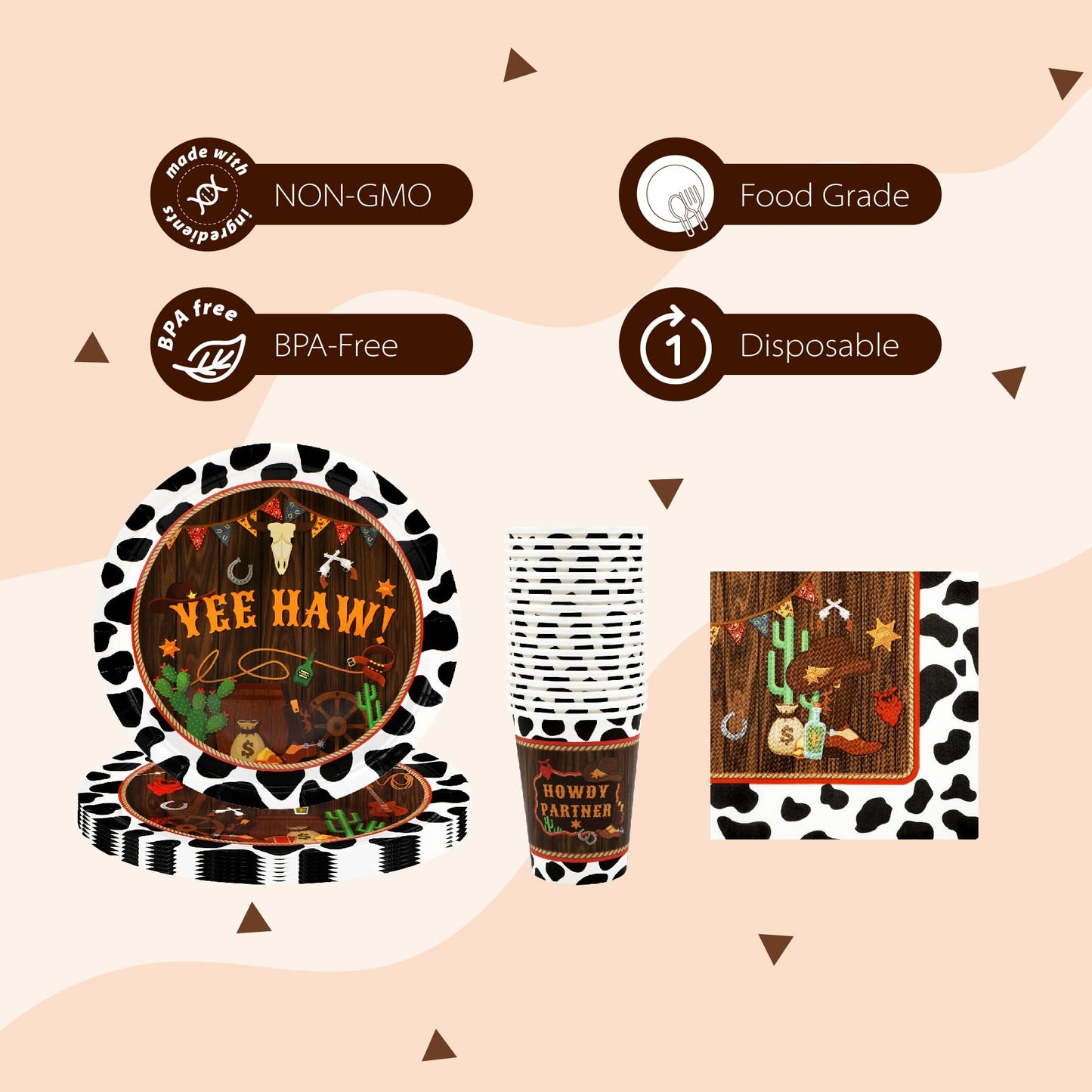 Western Birthday Party Supplies Decorations, Cowboy Wild West Theme Birthday Paper Plates and Napkins Set with Cups and Straws for 24 Guests, 120 Pcs Disposable Party Dessert Dinnerwares