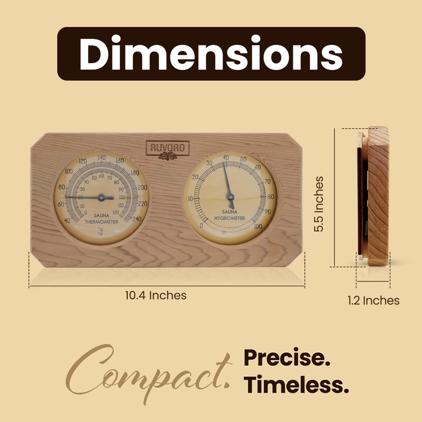Ruvaro Sauna Thermometer and Hygrometer 2-in-1 – Handcrafted from Canadian Red Cedar Wood - Analog Temperature & Humidity Gauge – Fahrenheit & Celsius – Premium Glass Dial – Luxury Sauna Accessories