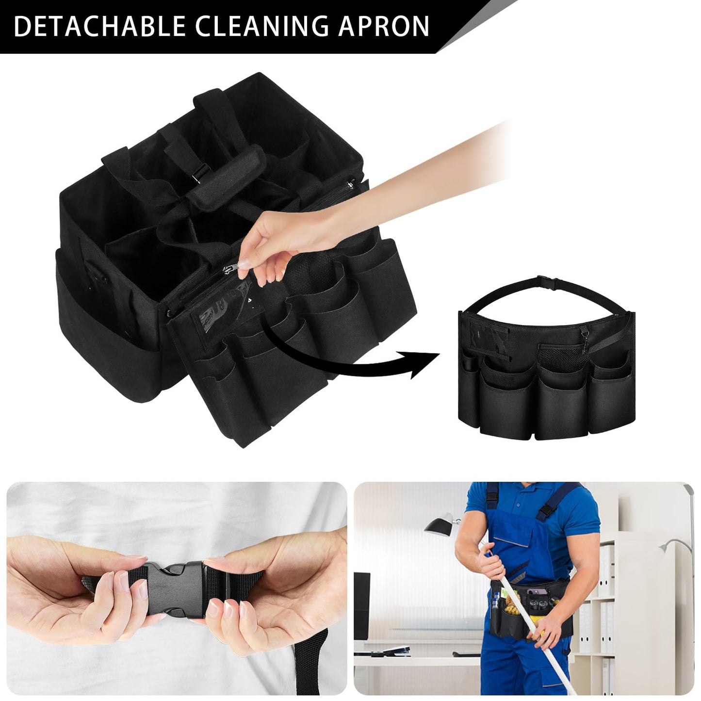 Cleaning Bags for Housekeepers, Large Cleaning Supplies Organizer with Handles & Shoulder Strap, Cleaning Caddy Bag with Foldable Divider for Cleaners, Car Horse Clean Bag (Black)