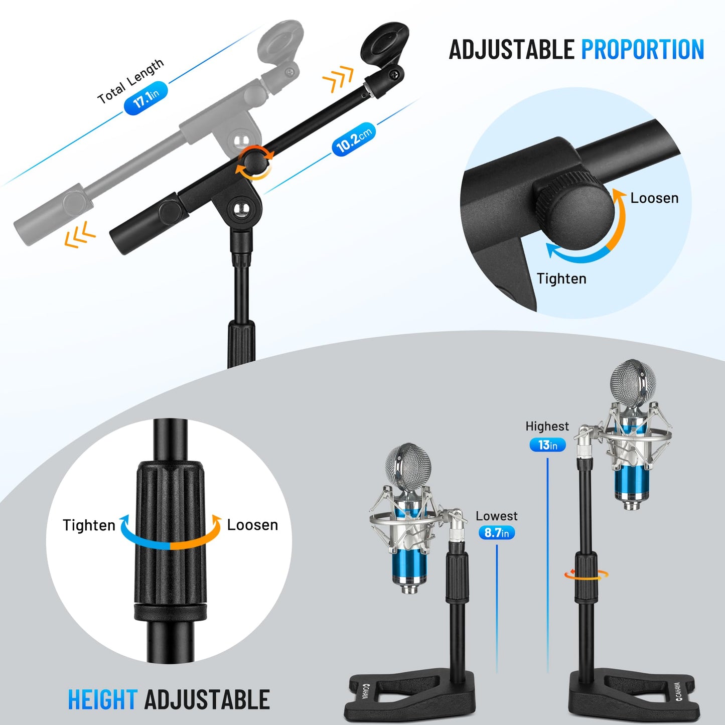 CAHAYA Desk Mic Stand Adjustable - Sturdy Microphone Stand Desktop Metal Weighted Base A-frame Table Mic Mount with 2 Mic Clips 3/8" to 5/8" Screw Adapter Mic Mount for Singing Stage Performance
