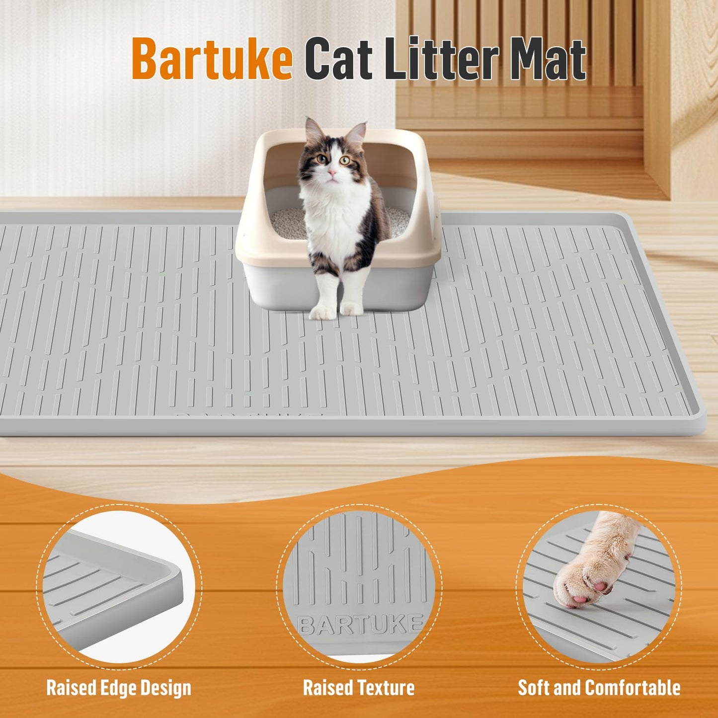 Bartuke Silicone Cat Litter Mat, 24" x 24" Large Cat Litter Box Mat Litter Trapping Mat for Scatter Control, Waterproof, Soft on Kitty Paws, Clean Floor (Grey)