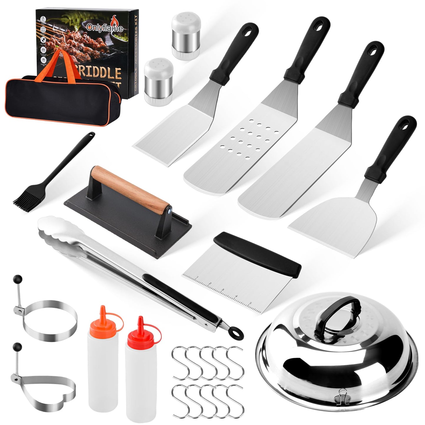 Onlyflame 26PCS Professional BBQ Griddle Tool Kit for Flat Top Grill Blackstone and Camp Chef - Stainless Steel Griddle Spatulas Accessories Kit with Basting Cover, Carry Bag and More Tools