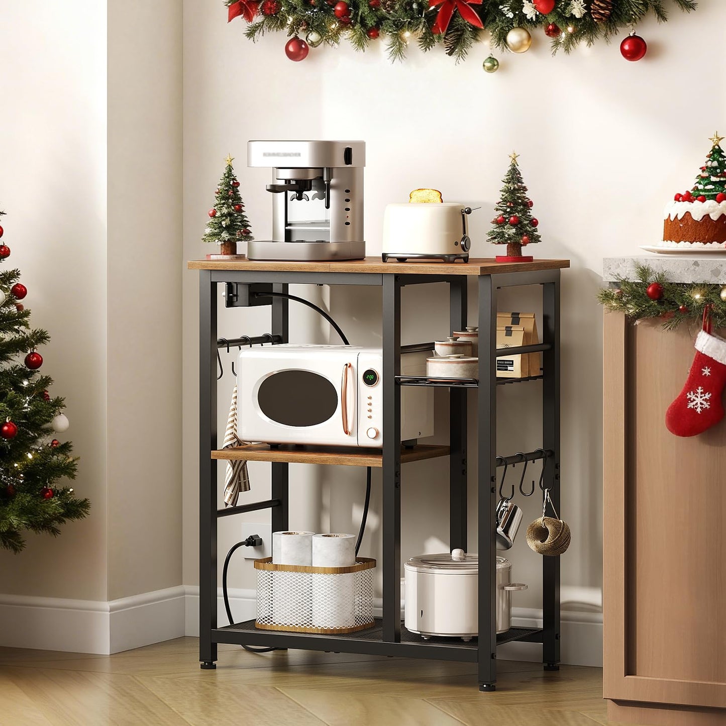 YATINEY Movable Bakers Rack, Microwave Stand with Charging Station, Kitchen Storage Rack with Hooks and Basket, Casters and Adjustable Feet, for Small Space, Kitchen, Dining Room, Rustic Brown HB04UBR