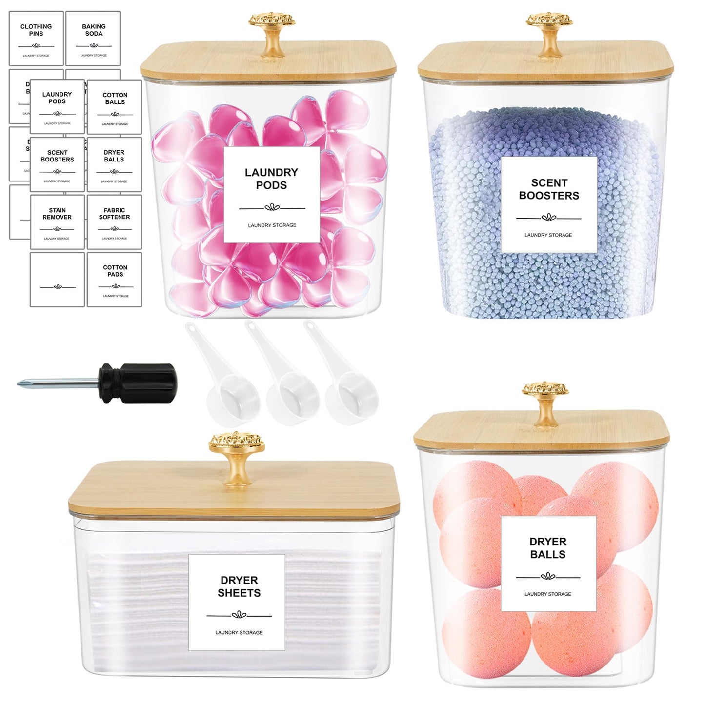 4 Pack Laundry Pods Container & Dryer Sheet Holder - Clear Plastic Laundry Room Organization Storage Containers with Lids, Scoops & Labels for Detergent Pods, Powder, Scent Boosters, Beads