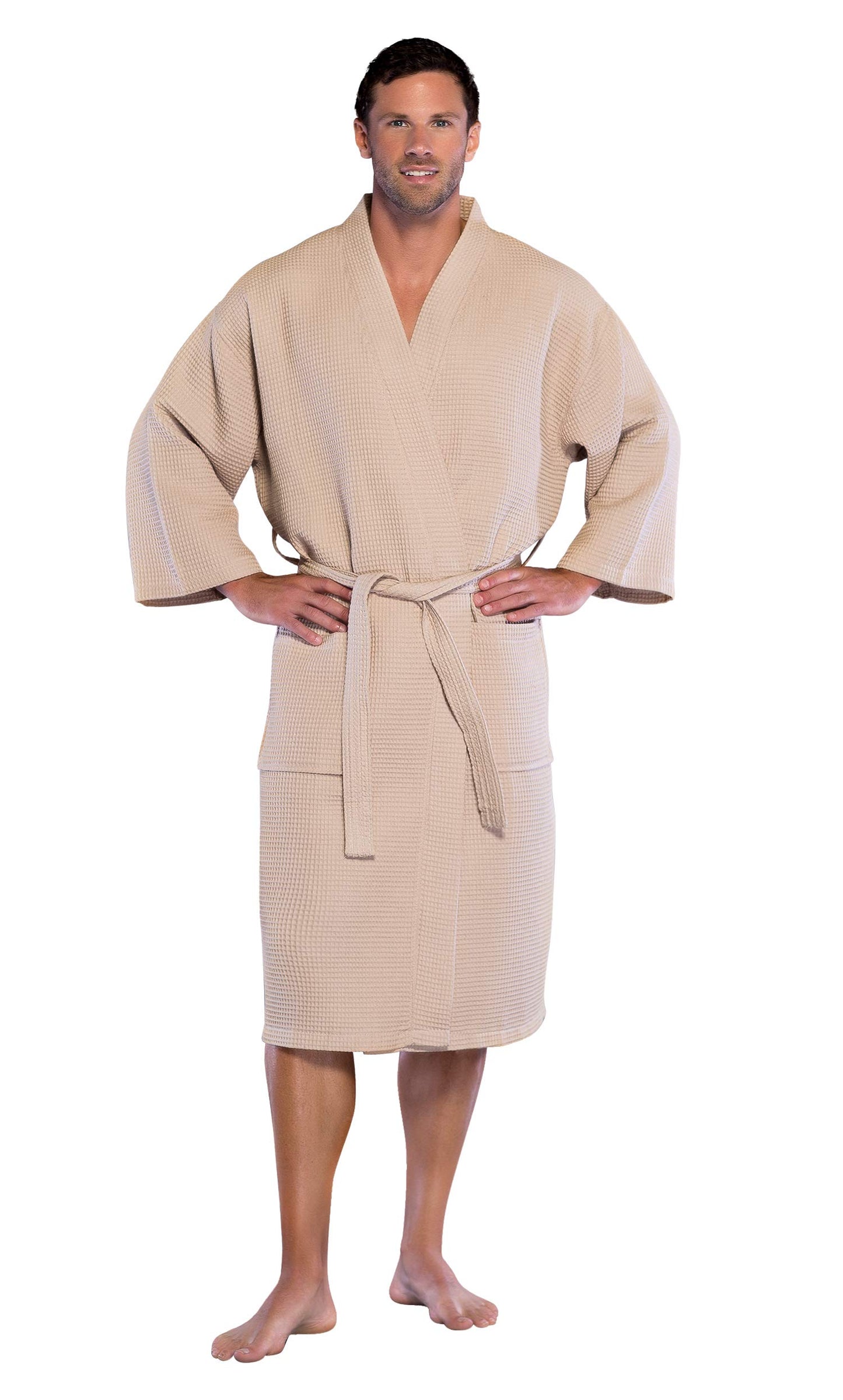 Turquaz Lightweight Long Waffle Kimono Spa Robe for Men, Taupe, XX-Large