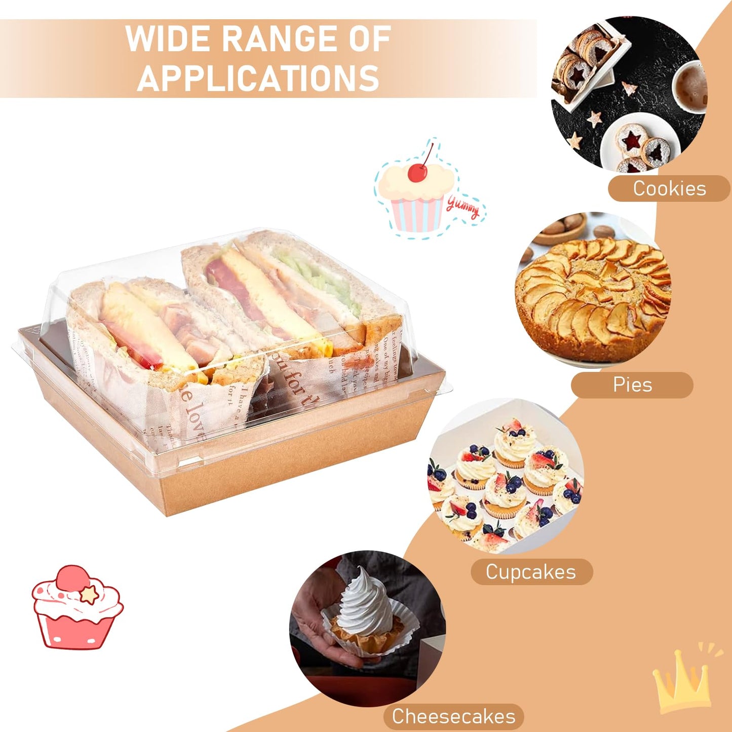 100 Pack Charcuterie Boxes with Clear Lids, Disposable Paper Sandwich Boxes,Square To Go Containers for Bakery Desserts, Strawberries, Cake Slice and Cookies