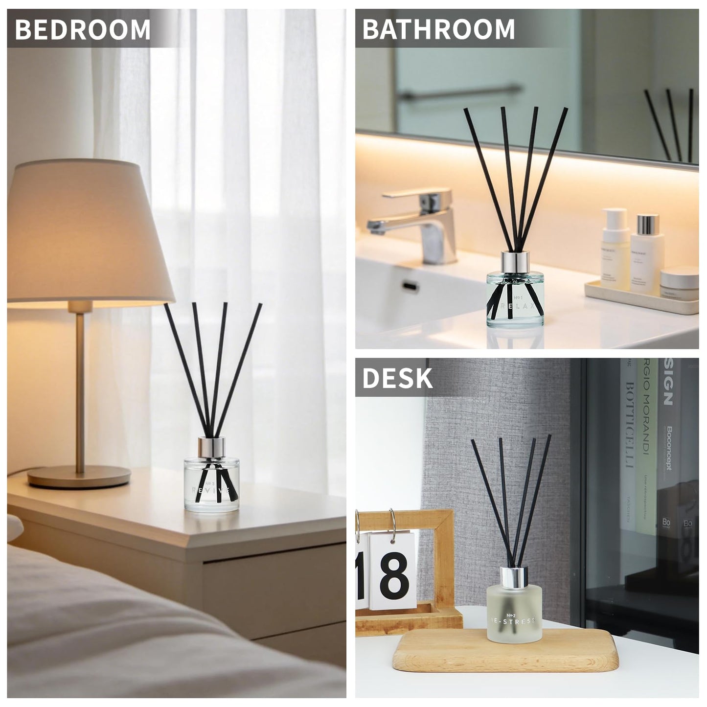 3 Pack Reed Diffuser Set,50ML Lavender Jasmine Lemongrass Aromatherapy Essential Oil Diffuser with 12 Black Fiber Sticks,Air Freshener Sticks Diffuser for Bathroom– Long Lasting Scent Diffuser Sticks