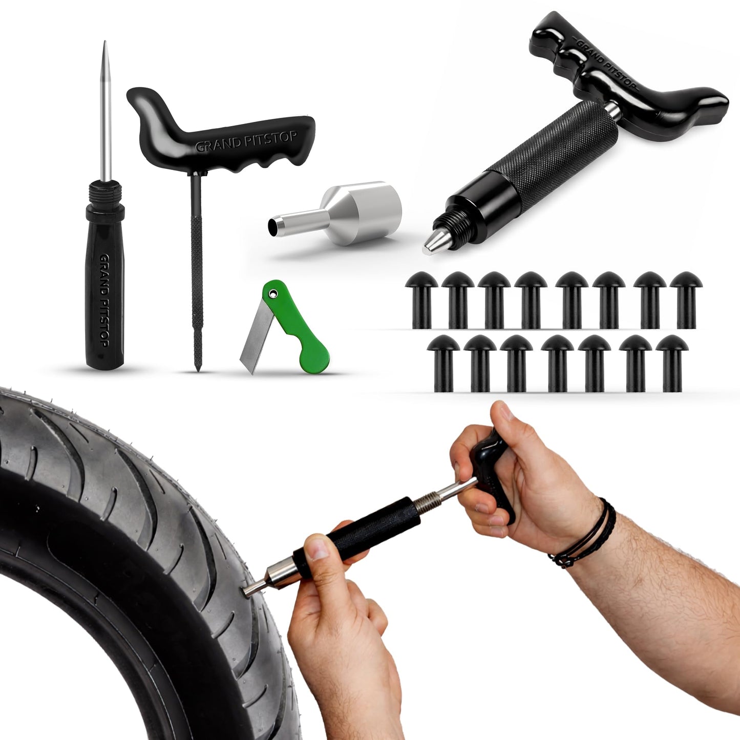 GRAND PITSTOP Tubeless Tire Puncture Repair Kit for Motorcycle and Cars (15 Plugs)