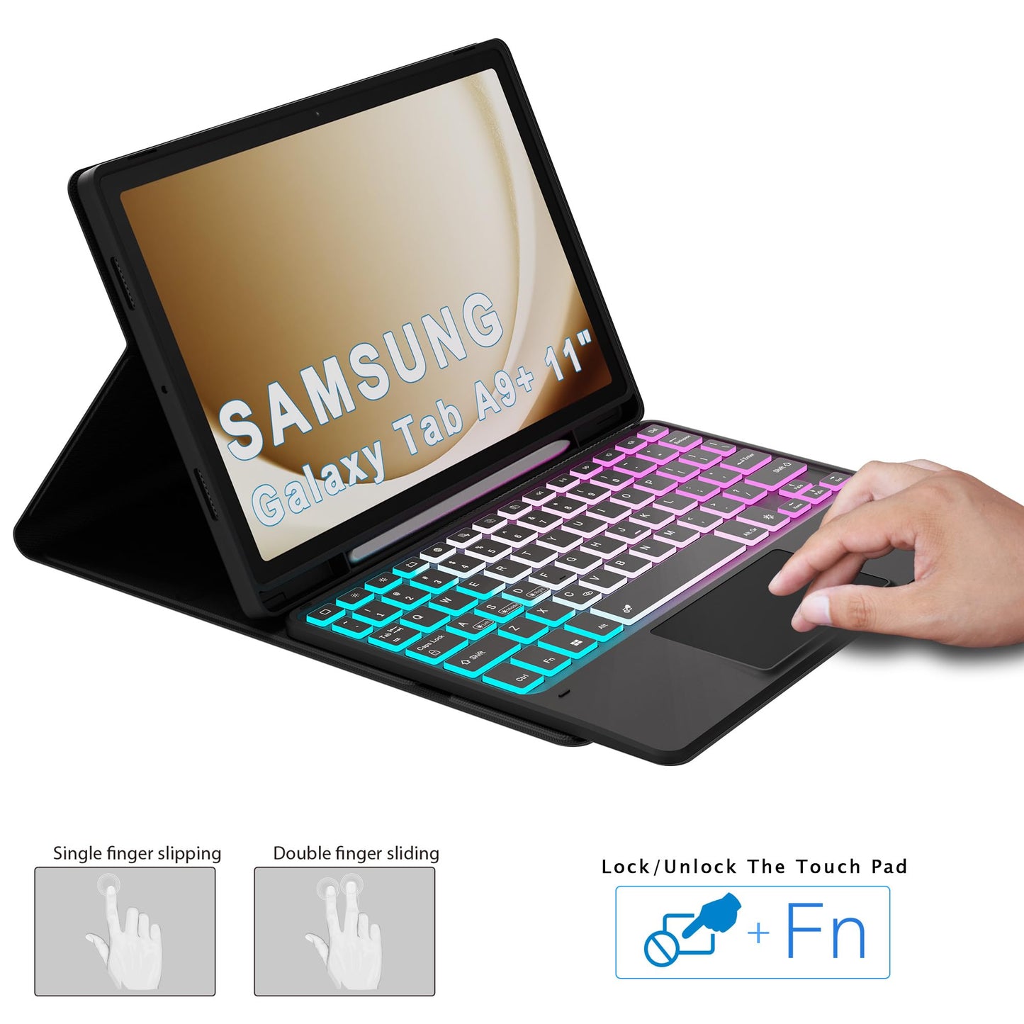Keyboard Case for Samsung Galaxy Tab A9+ A9 Plus 11": 3 Zone 7 Colors Backlit Trackpad Keyboard for 11 inch Galaxy Tab A9 Plus A9+ 2023 - Detachable Smart Touchpad Wireless Keyboard Folio Tablet Cover