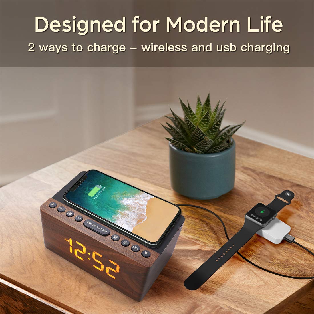 ANJANK Wooden Digital Alarm Clock FM Radio for Bedrooms,10W Fast Wireless Charger Station for iPhone/Samsung Galaxy, 5 Level Dimmer, USB Charging Port, 9 Wake up Sounds, Sleep Timer, Snooze, Bedside