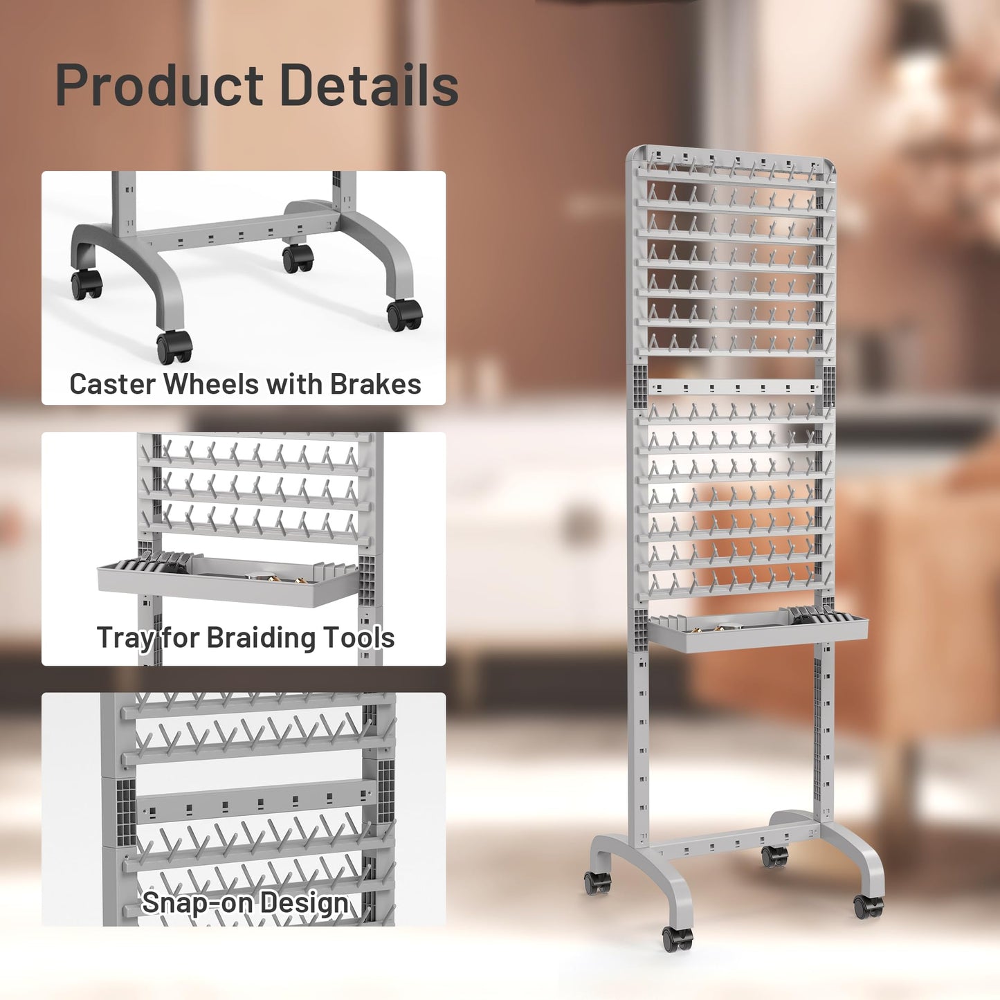 Yumkfoi 2-sided 280 Pegs Braiding Rack, Adjustable Hair Racks with Tray and 17 Braiding Tools, Braid Rack for Braiders, Hair Separator with Wheels (Grey)