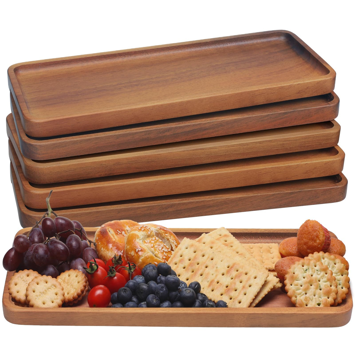 HOMKULA Solid Acacia Wood Serving Tray - 6 Pack, 35.5 cm x 14 cm Rectangular Wooden Serving Platter, Wood Boards for Food, Mini Cheese Board for Vegetable, Charcuterie, Appetizer, Decor
