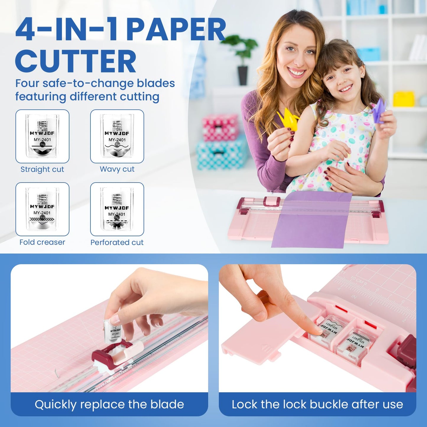 Paper Cutter Pink Rotary Paper Trimmer, 12 Inch Paper Cutter for Cardstock, Scrapbooking & Crafts, 4 Functions with 5 Blades, Automatic Security Safeguard, Side Ruler for Cutting Coupons, Photos,