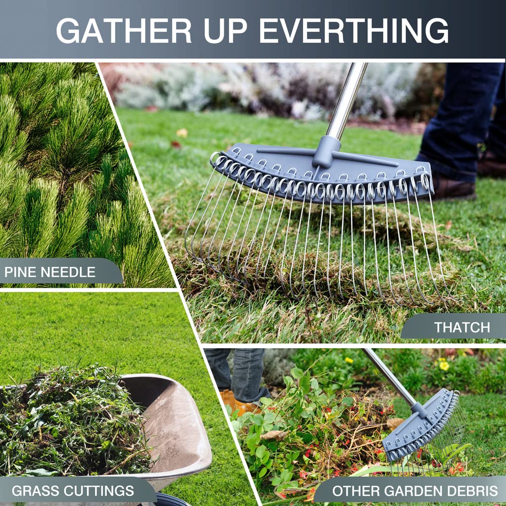 Colwelt Thatch Rake -24 Steel Tines, Dethatching Rakes with 54’’ Lightweight Stainless Steel Handle, Yard Dethatcher Rakes for Lawn(Pine Needles, Dead Grass, Thatch, Leaves, Mulch)