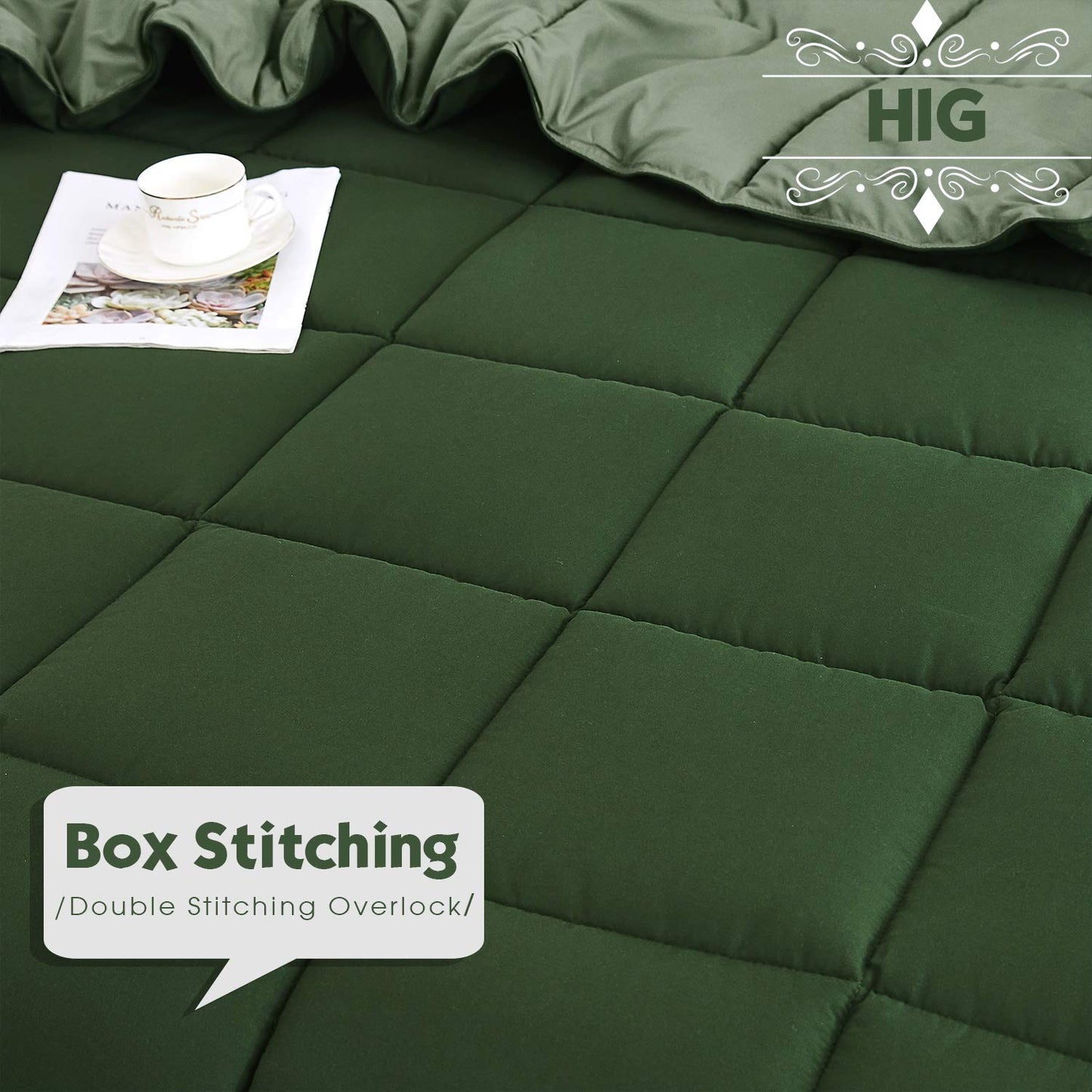 HIG 3pc Green Down Alternative Comforter Set Queen Size - All Season Reversible Comforter with Two Shams - Quilted Duvet Insert with Corner Tabs - Box Stitched - Breathable, Soft, Fluffy