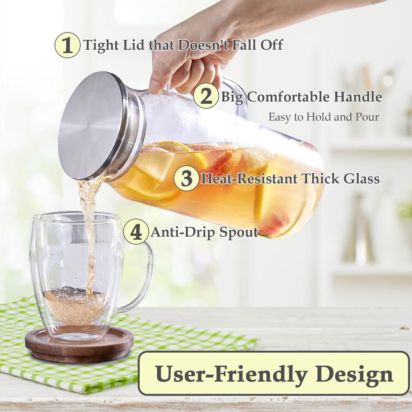 Wexlerey 2 Pack 2 Liter/68 oz Glass Pitcher with Lid and Spout,Wide Mouth Water Pitcher with Handle Heat Resistant,Glass Water Jug Carafe Juice Container for Hot/Cold Drink,Iced Tea,Milk,Coffee