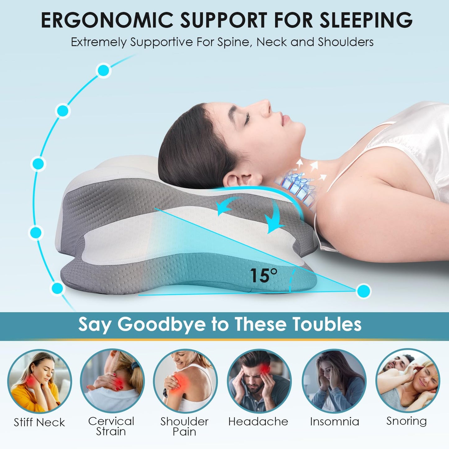 Delyoly Cervical Neck Pillow for Sleeping - Memory Foam Contour Pillow for Neck Pain Relief, Ergonomic Support for Side and Back Sleepers, Orthopedic Pillow with Breathable Ice Silk Cover（White）