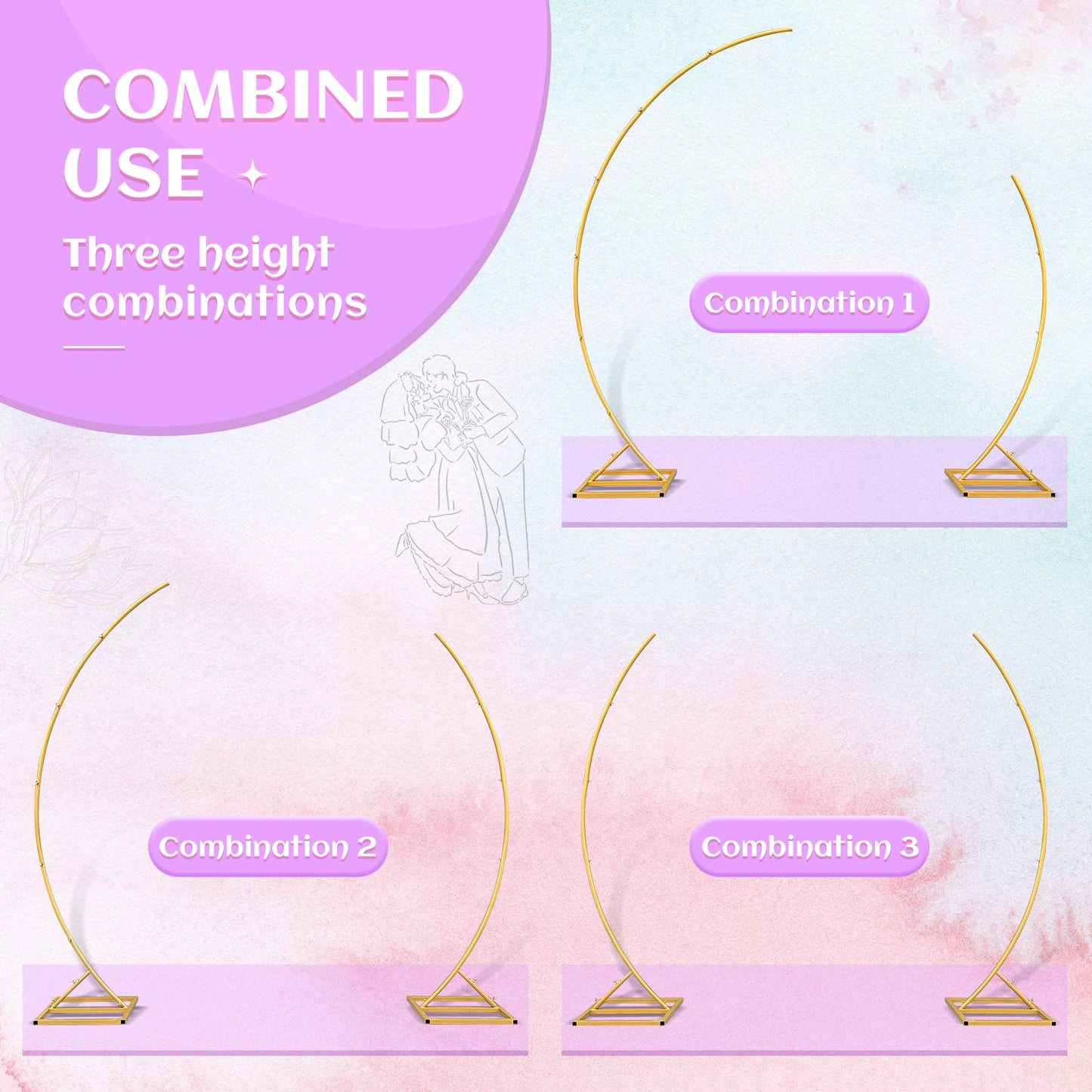 ZpigToor Metal Open Arch Backdrop Stand,Set of 2 Curved Arch Backdrop Half Moon Wedding Arches for Ceremony,Birthday,Baby Shower,Floral Stand,Ramadan Decoration (Gold,6.7FT & 5.8FT)