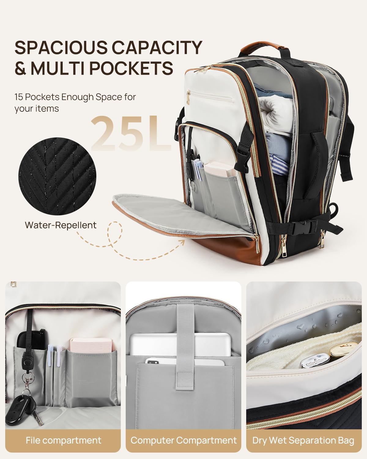 Telena Travel Backpack for Women, 15.6 inch Laptop Backpack TSA Carry on Backpack Personal Item Size Flight Approved Travel Bag Daypack with Multi-Pockets for Work, Travel, Business, Beige