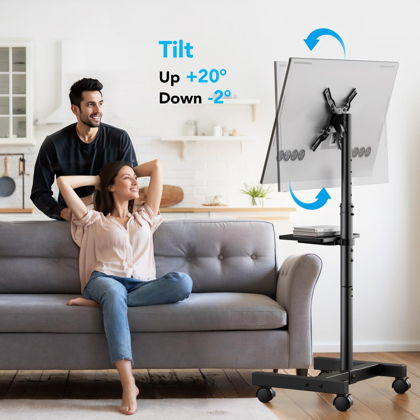 Mobile TV Floor Stand for 13-50 inch LCD LED Flat/Curved Panel Screen TVs up to 77 lbs, Height Adjustable TV Stand Mount with Tilt VESA 200x200, Portable TV Stand with Shelf AX2007TBM