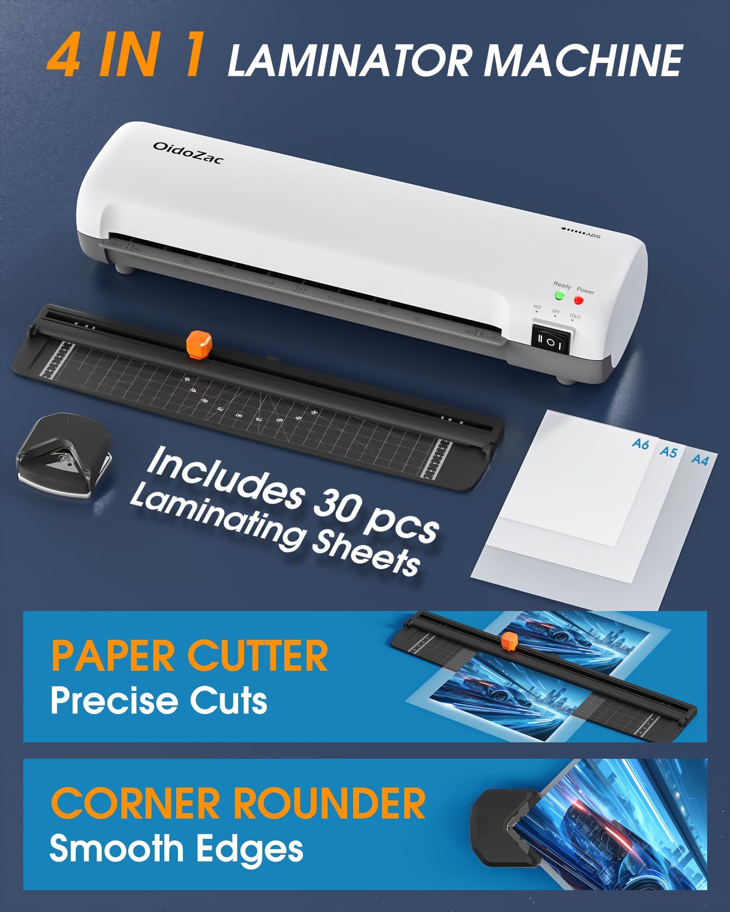 Laminator Machine 9-Inch, 4-in-1 Thermal Laminator with 30 Laminating Pouches (A4/A5/A6), Never Jam ABS Button, Trimmer & Corner Rounder, Hot & Cold Desktop Laminating Machine for Home Office School