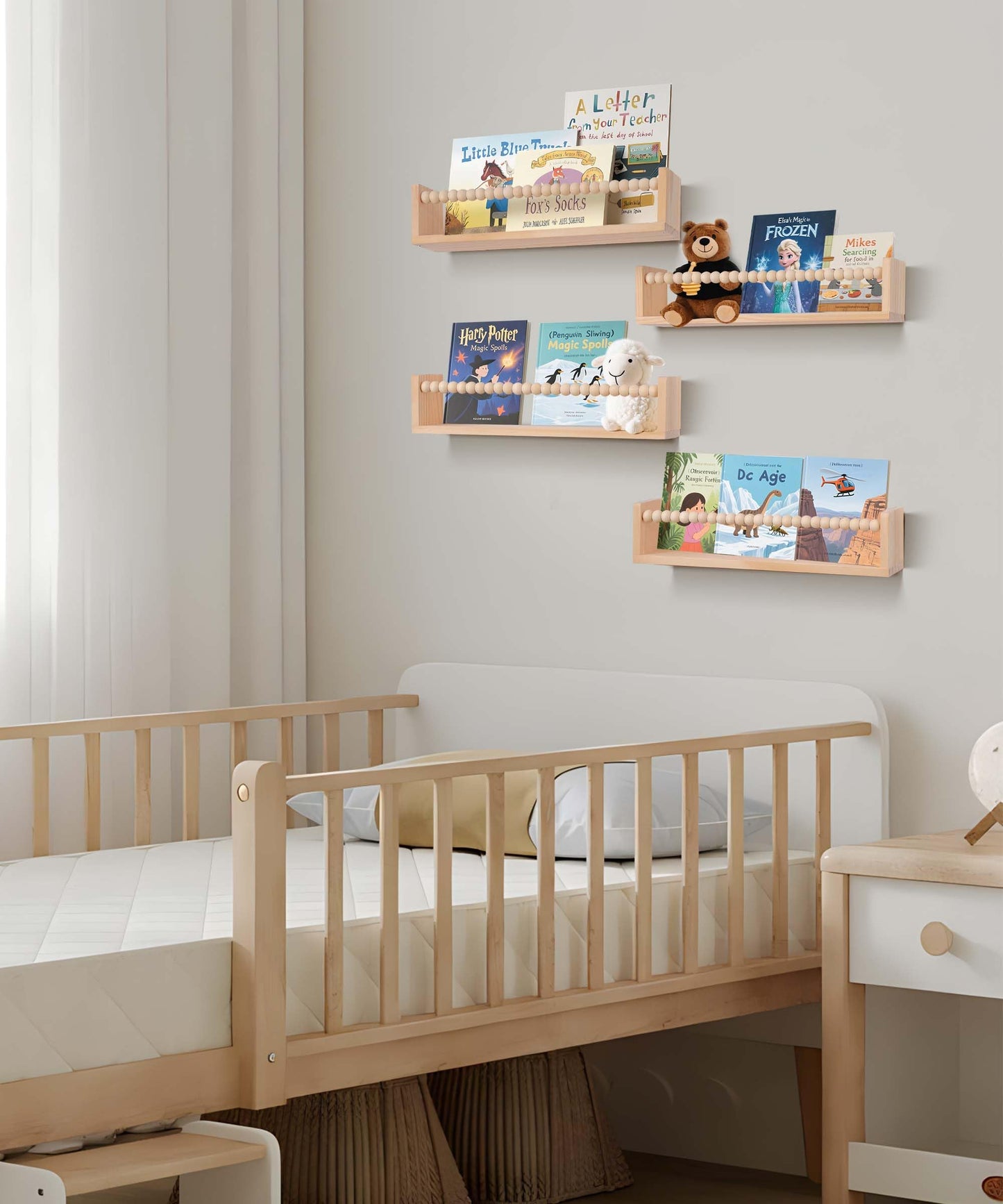 birola Nursery Book Shelves Set of 4,Wood Floating Nursery Shelves for Wall,Wall Bookshelves for Kids(Set of 4 Natural)