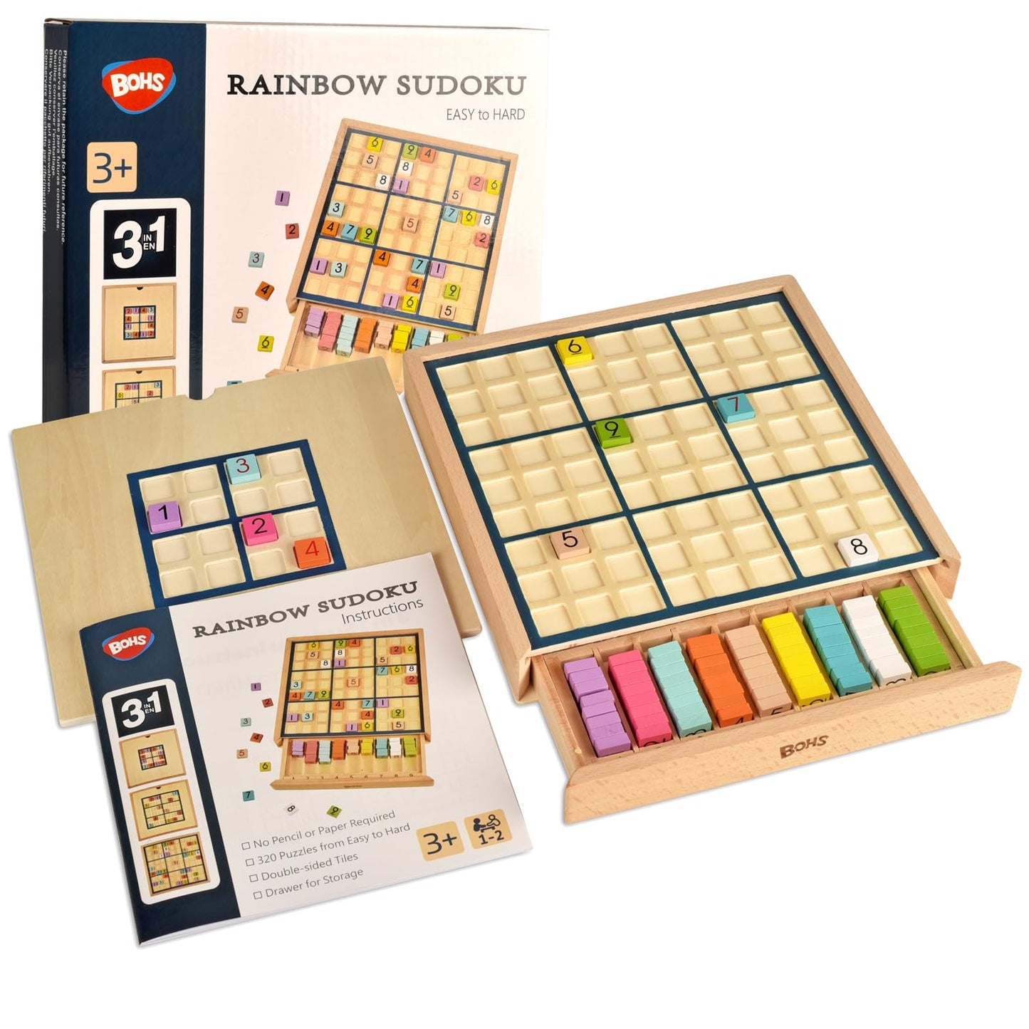 BOHS Wooden Rainbow Sudoku Board Game for Kids - 3 in 1 Easy to Hard - with Book of 320 Sudoku Puzzles - Desktop Brain Teaser Game Toys