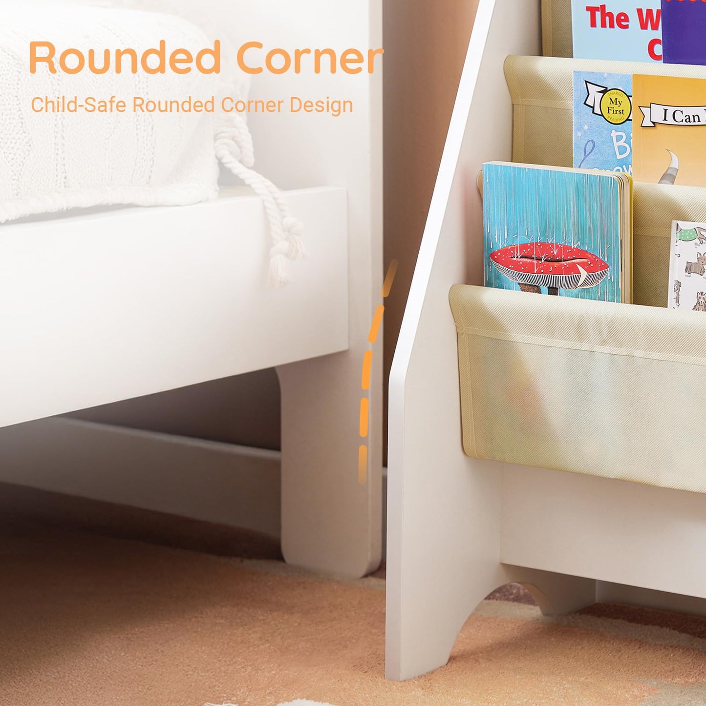 SoBuy Kids Bookshelf with 4 Fabric Sling Pockets, Montessori Front Facing Bookcase for Toddlers, Space Saving Children Book Organizer for Nursery Playroom & Bedroom, 62 x 30 x 71 cm, White FRG225-W