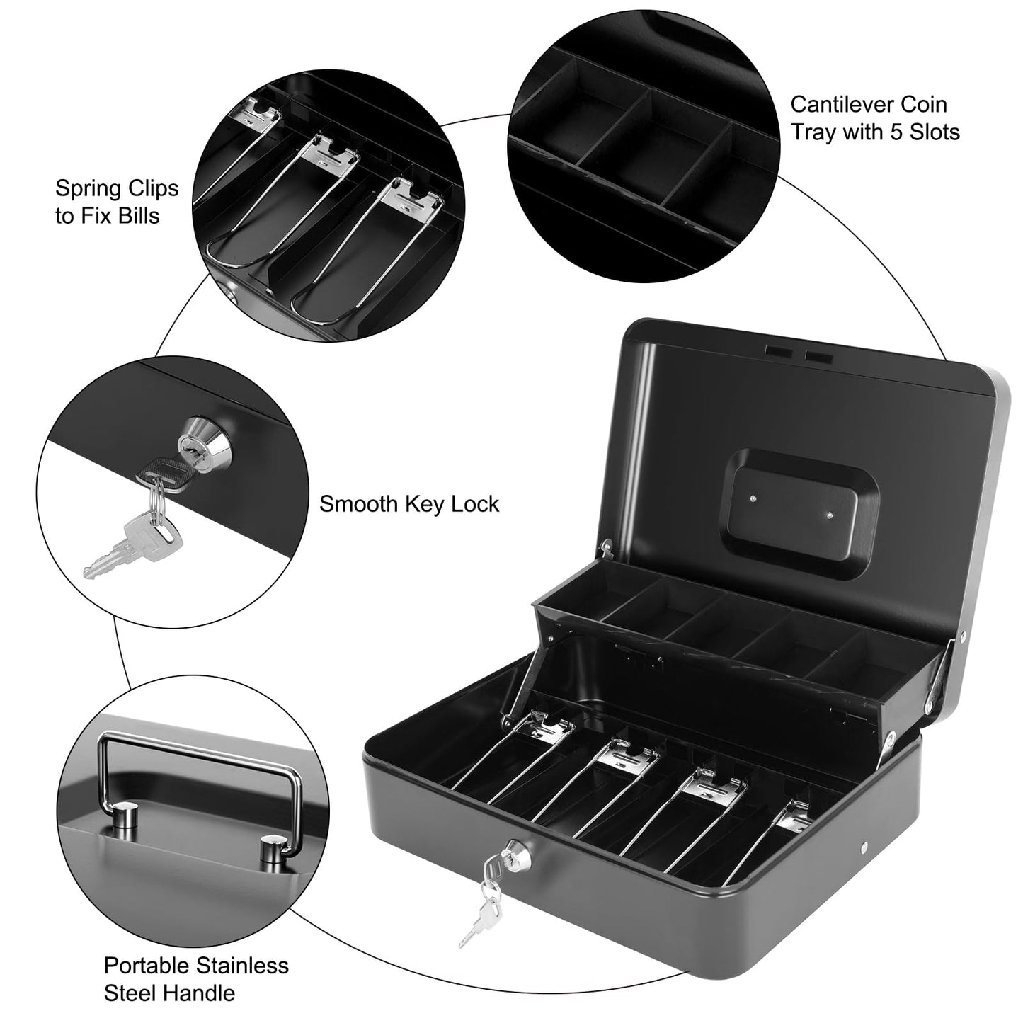 Cash Box with Lock and Money Tray Metal Money Box for Cash Register Large Cash Safe Box Tiered 11.8 x 9.4 x 3.54 Inches Black
