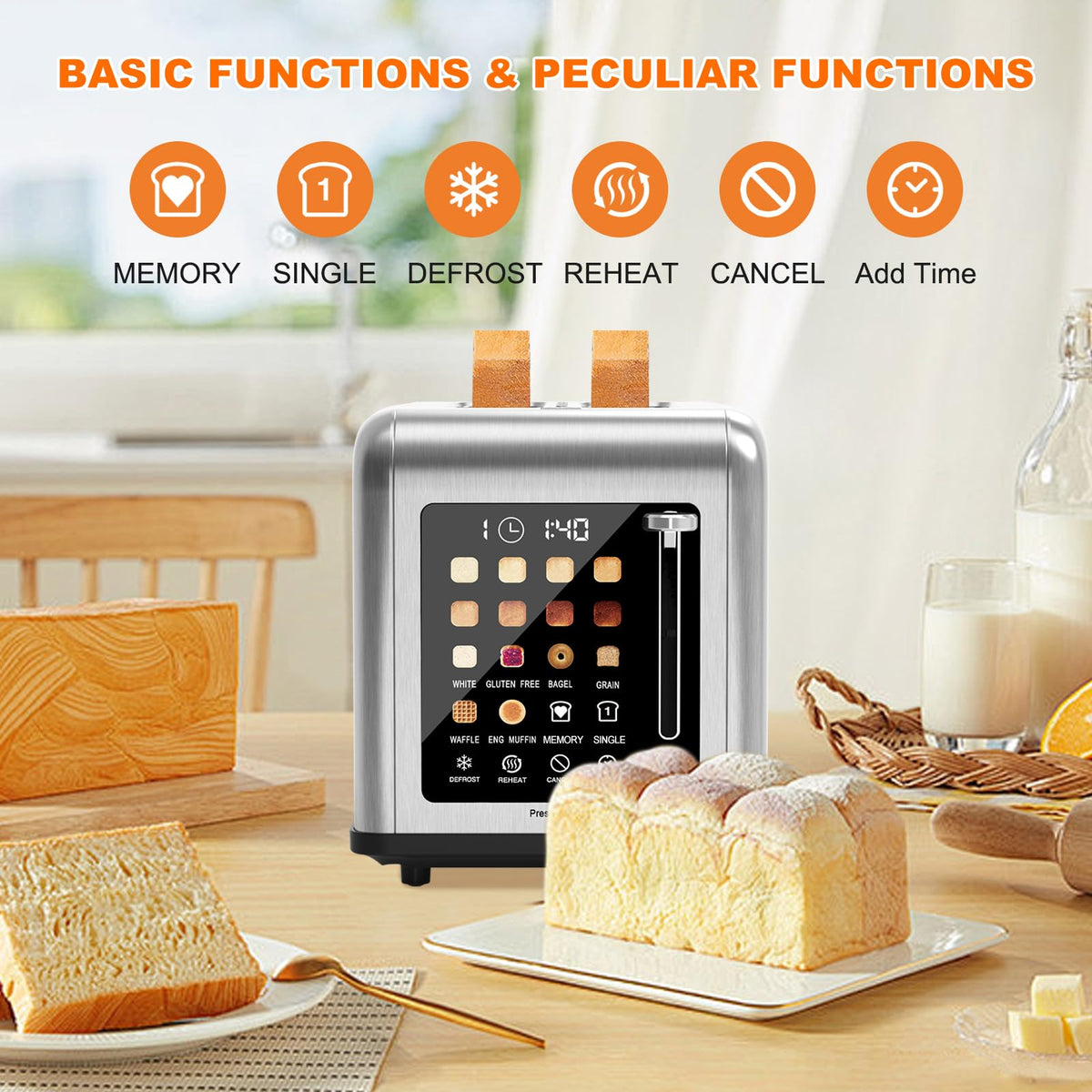 Touch Screen Toaster 2 Slice, Stainless Steel Toasters Digital Timer, Dual Control Panel Toasters, 8 Shade Settings 6 Bread Types for Bagel, Cancel, Defrost