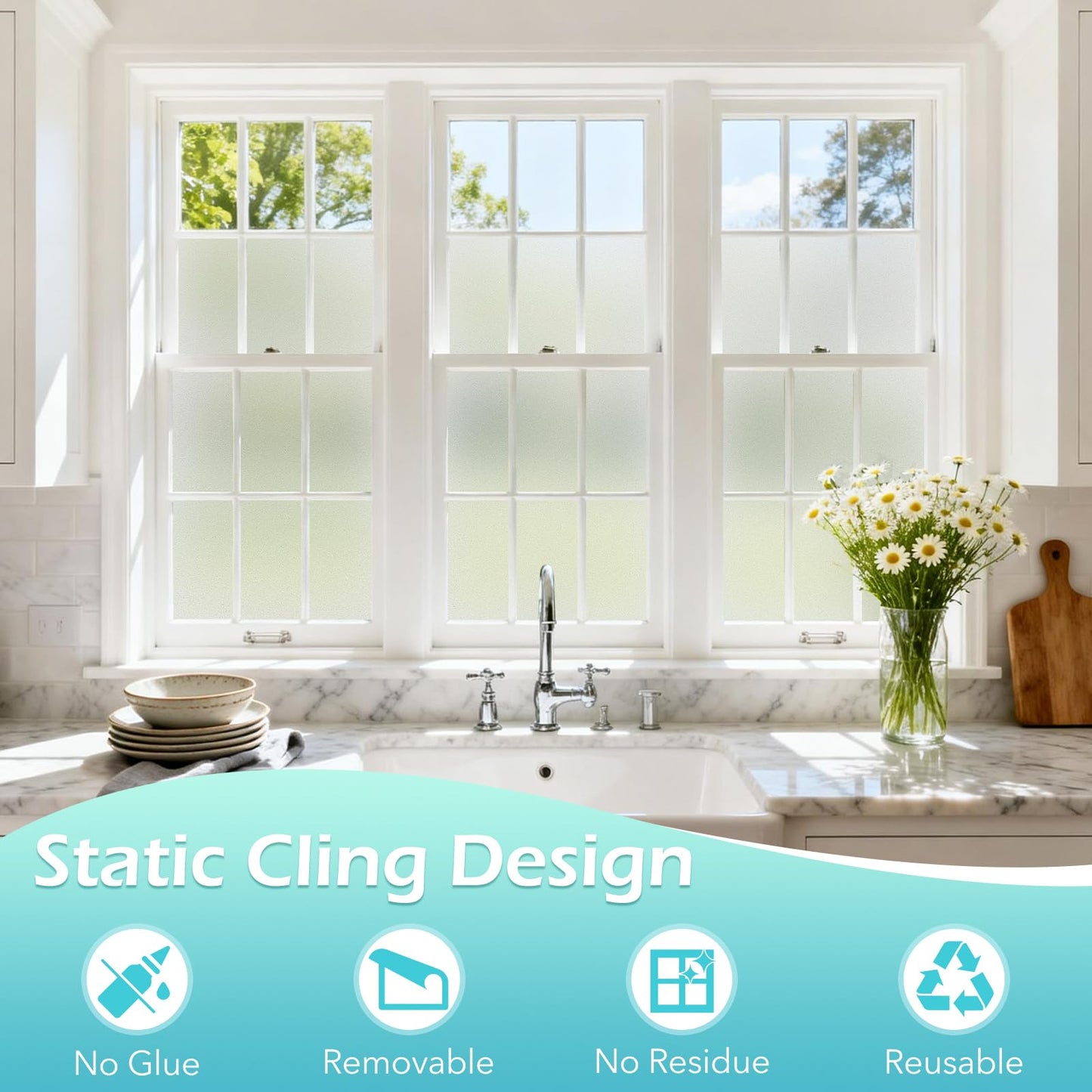 DOWELL Frosted Window Films for Privacy, Removable Privacy Film with Installation Tools, Static Cling No Glue Sun Blocking Window Covering for Bathroom, Bedroom, Office, Glass Doors, 90 x 200 cm