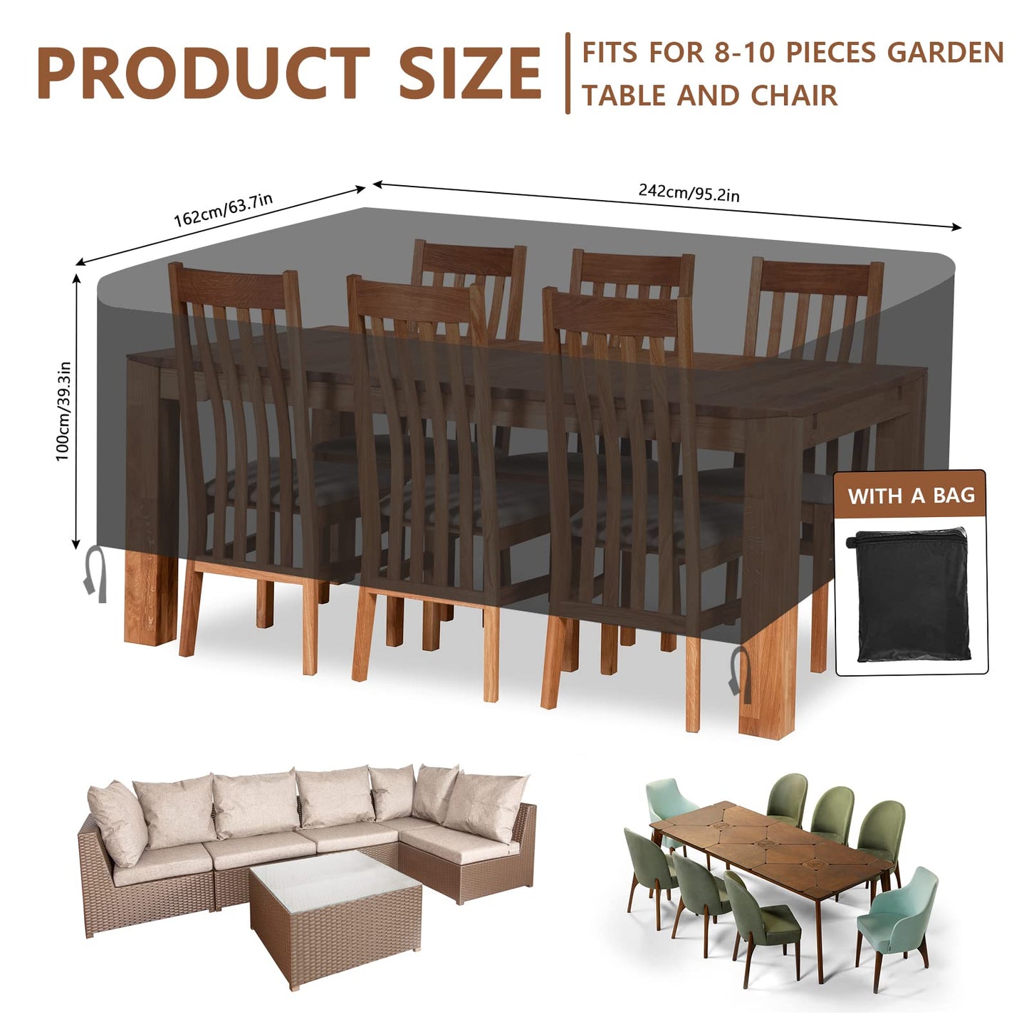 Mokani Patio Furniture Covers, Waterproof, Outdoor Furniture Covers, 95.2" L x 63.7" W x 39.3" H, Oxford 420D, Black