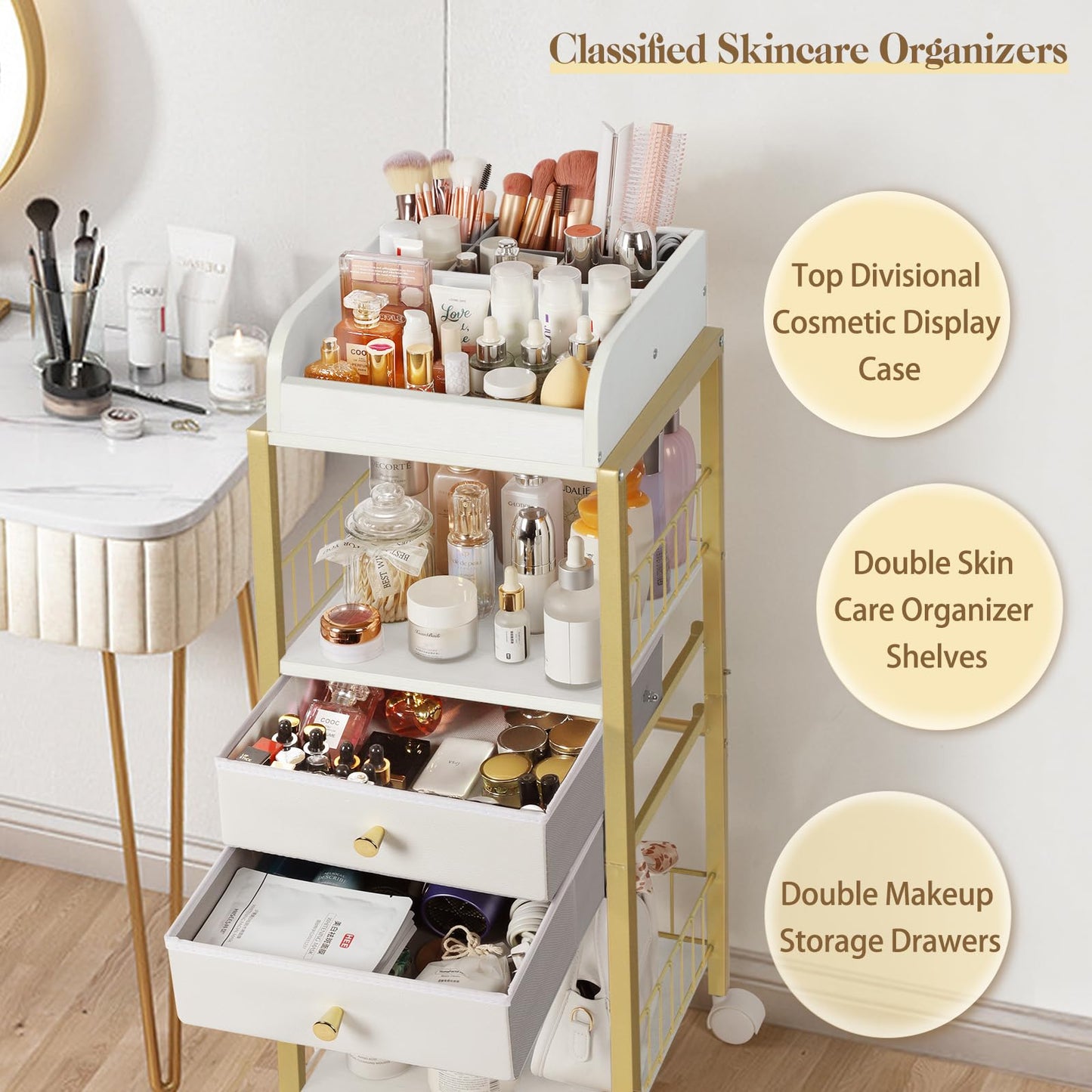 Makeup Organizer, Floor Skincare Organizers, Make Up Organizers and Storage with Drawers, Vanity Organizer Cosmetics Display Case Holder for Skin Care Nail Polish Perfume Makeup brush Hair Tool (Gold)
