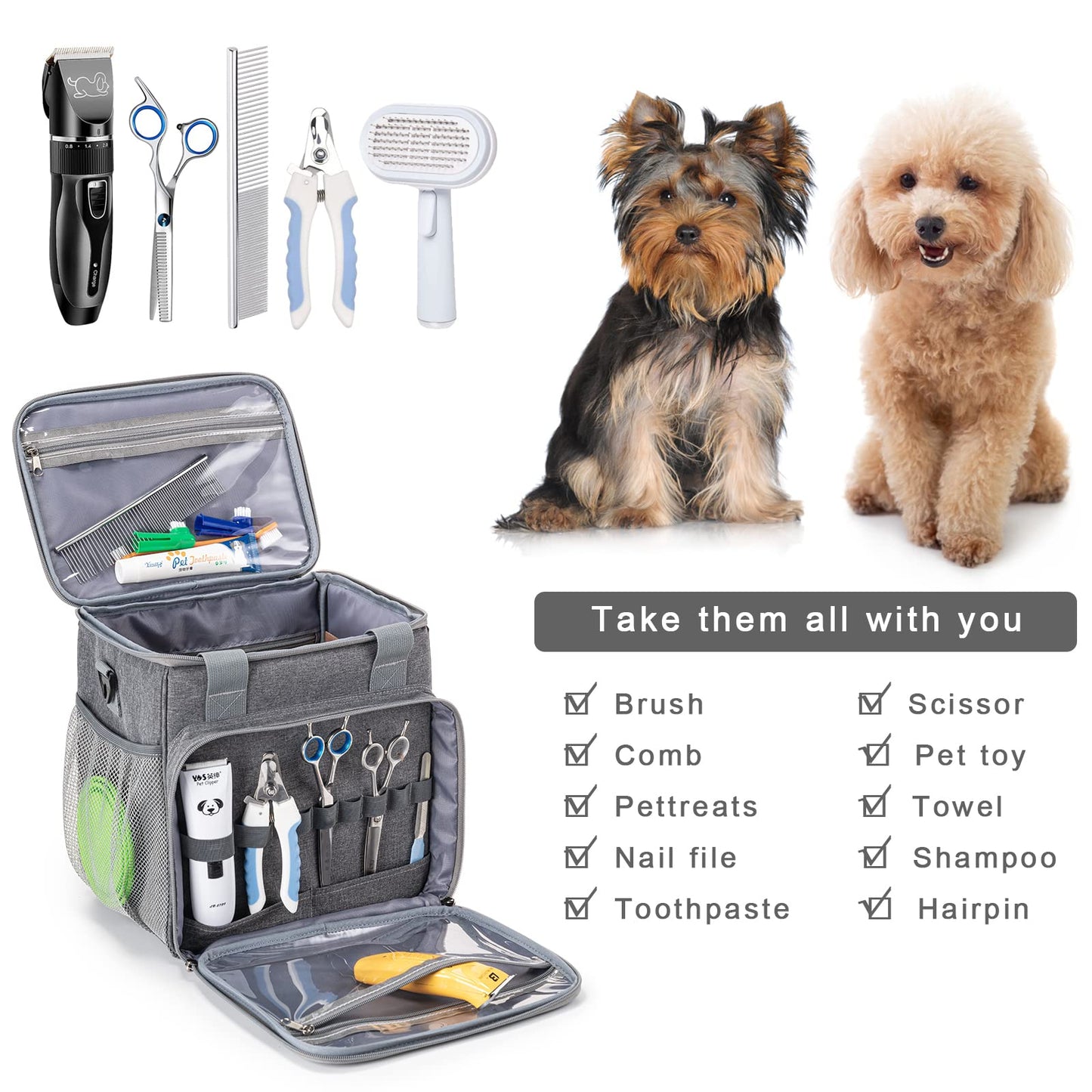 BABEYER Pet Grooming Bag, Dog Grooming Supplies Organizer Tote Bag, Perfect for Pet Grooming Tool Kit Accessories-Grey
