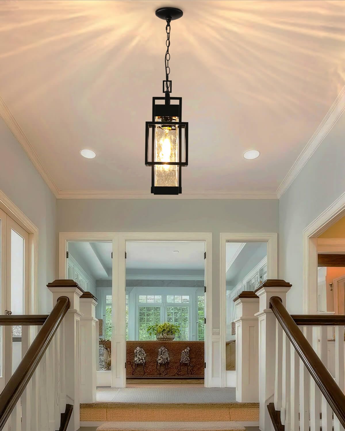 Outdoor Pendant Light for Porch, Waterproof Hanging Ceiling Lantern with Water Glass, Black Exterior Light Fixture for Front Door Gazebo Entryway, E26 Base, LED Bulb Included