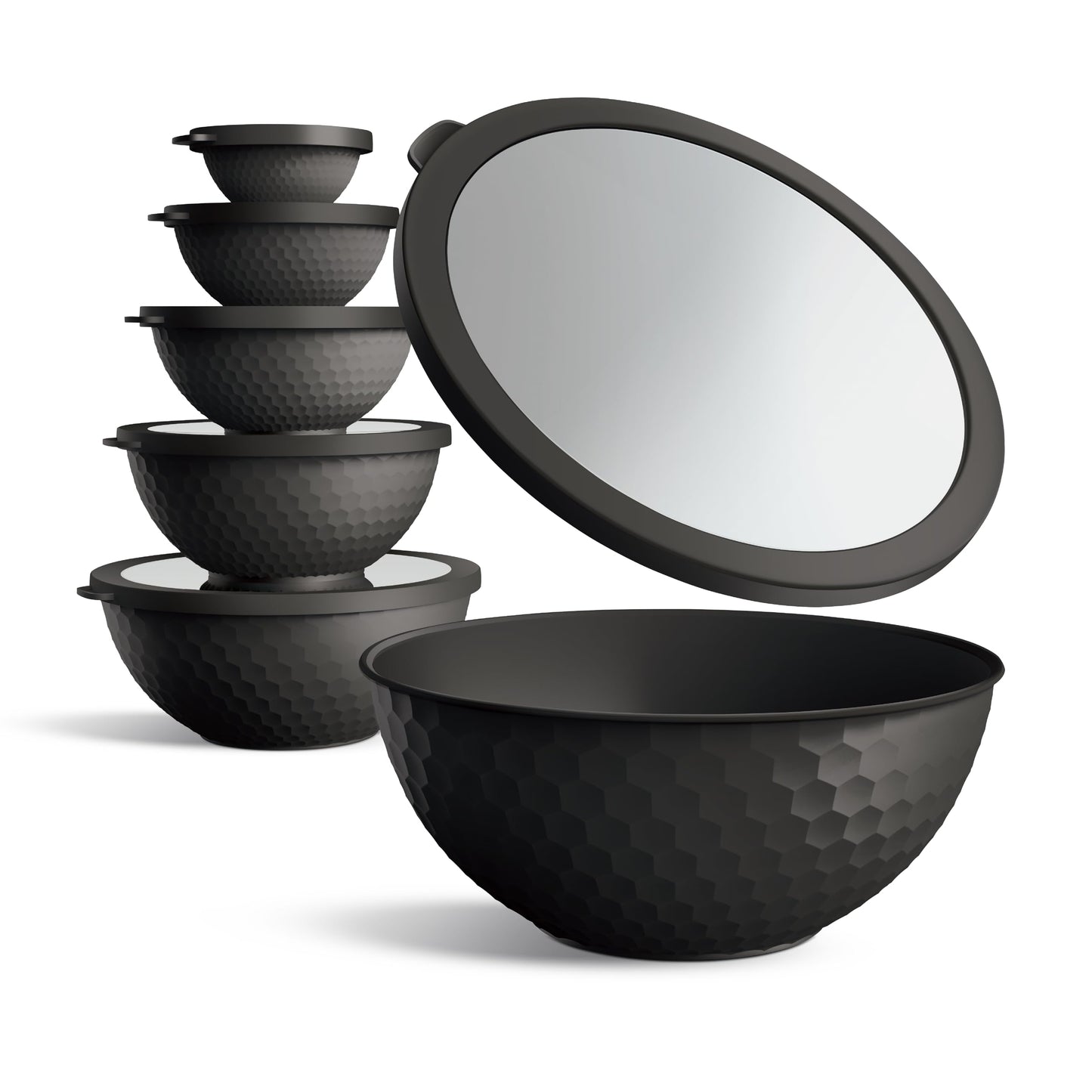 Cook with Color Mixing Bowls with Lids - 12 Piece Plastic Nesting Bowls Set Includes 6 Prep Bowls and 6 Lids, Non Slip Bottom and Embossed Design - Microwave Safe (Black)