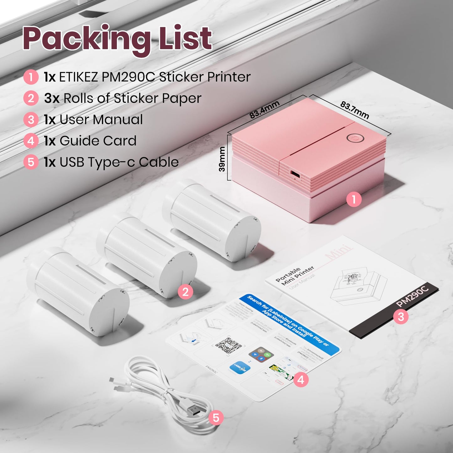 Sticker Printer PM290C Mini Printer Portable Print Pod, Wireless Bluetooth Sticker Maker with 3 Rolls Paper,Inkless Thermal Printer Photo Printer with Smart AI APP, Pictures, DIY, Journal, Pink