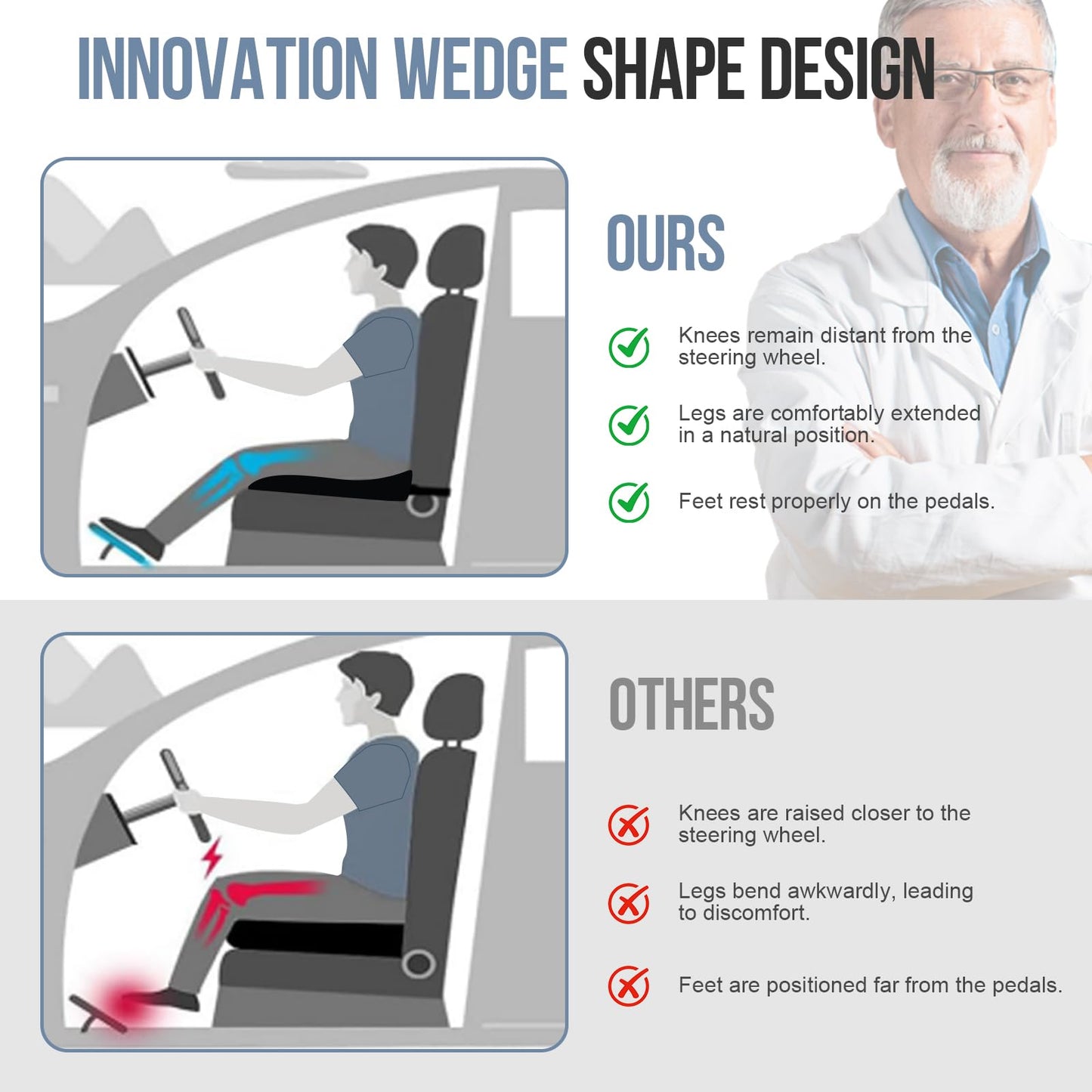 Car Seat Cushion, Memory Foam Car Wedge Seat Cushion for Driving, Height Booster & Posture Support, 4D Mesh Seat Pad with Adjustable Straps - Universal Fit for Office/Vehicle