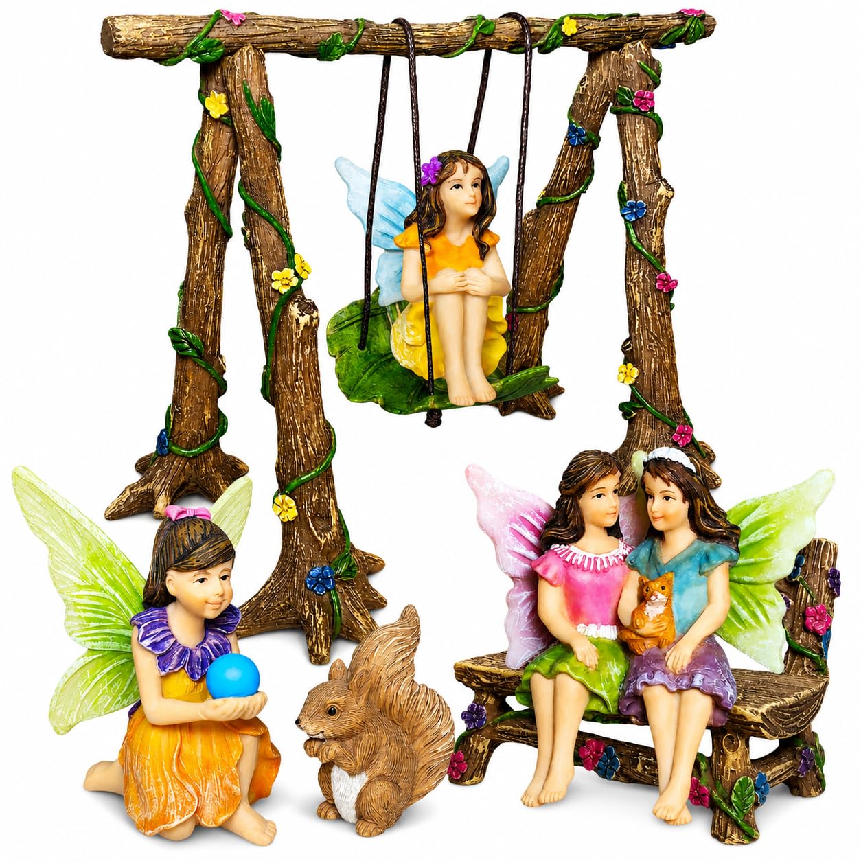 Mood Lab Fairy Garden Swing Set - Miniature Figurines & Accessories (6 pcs) - Indoor Outdoor Garden Decor