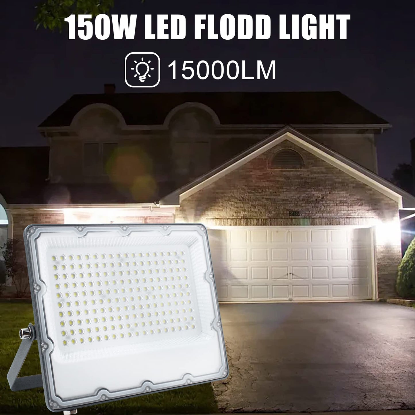 150W LED Flood Lights 15000LM 6500K Illumination, Security Lights Wall Fixtures, IP66 Waterproof Outdoor White Lighting Projects for Ball Ground, Parking Lot, Pathway, Yard, Chicken Coop (2 Pack)