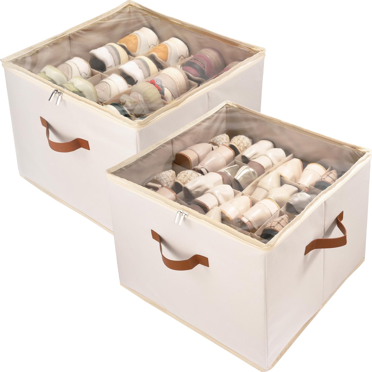 Vexalora Shoe Organizer for Closet, 2 Pack Shoe Storage Bins with Clear Cover, Adjustable Dividers Fits 16-32 Pairs Shoe Boxes, Organizador de Zapatos, Beige