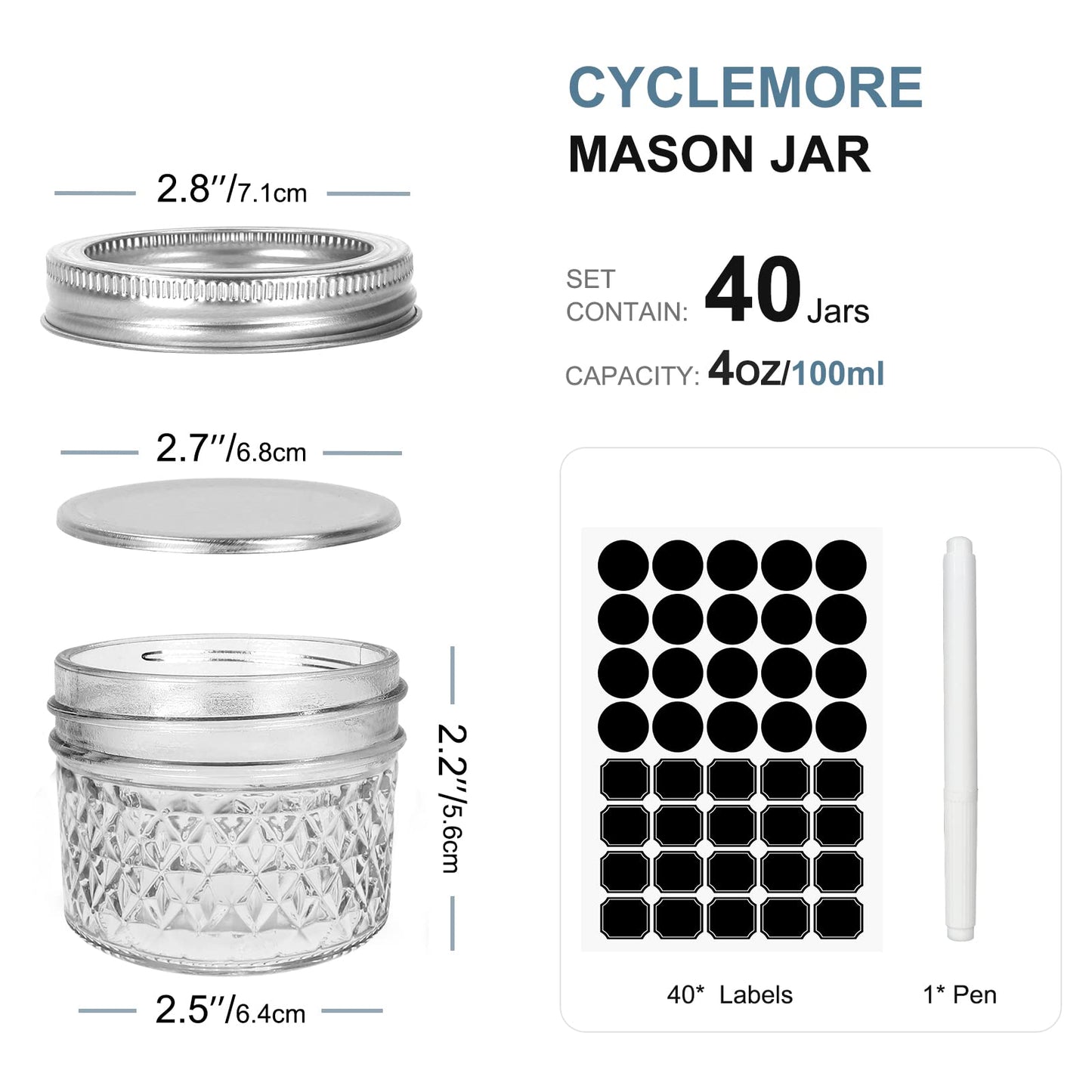 CycleMore 40 Pack 4oz 100ml Clear Glass Mini Mason Jars With Silver Separable Lids and Diamond appearance, Round Canning Jars for Spice, Honey, Jam, Jelly,Kitchen Food Storage